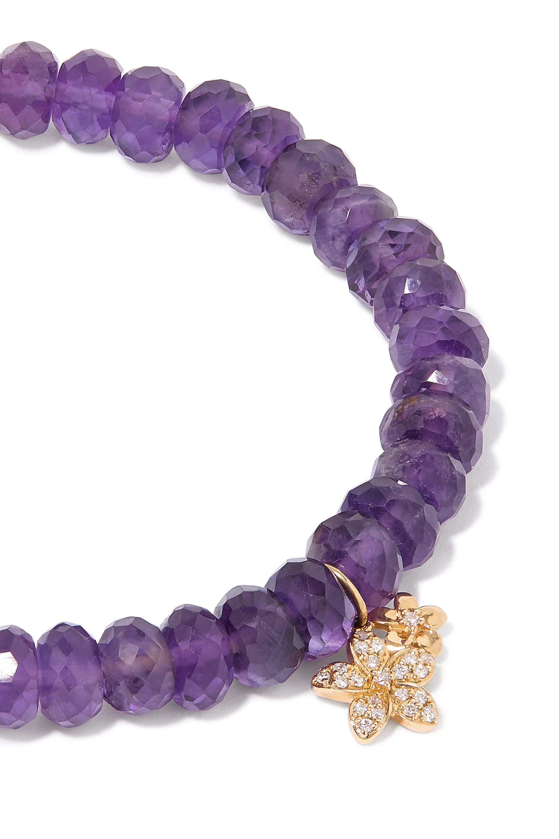 Small Plumeria Charm Beaded Bracelet, 14K Yellow Gold, Diamonds & Amethyst
