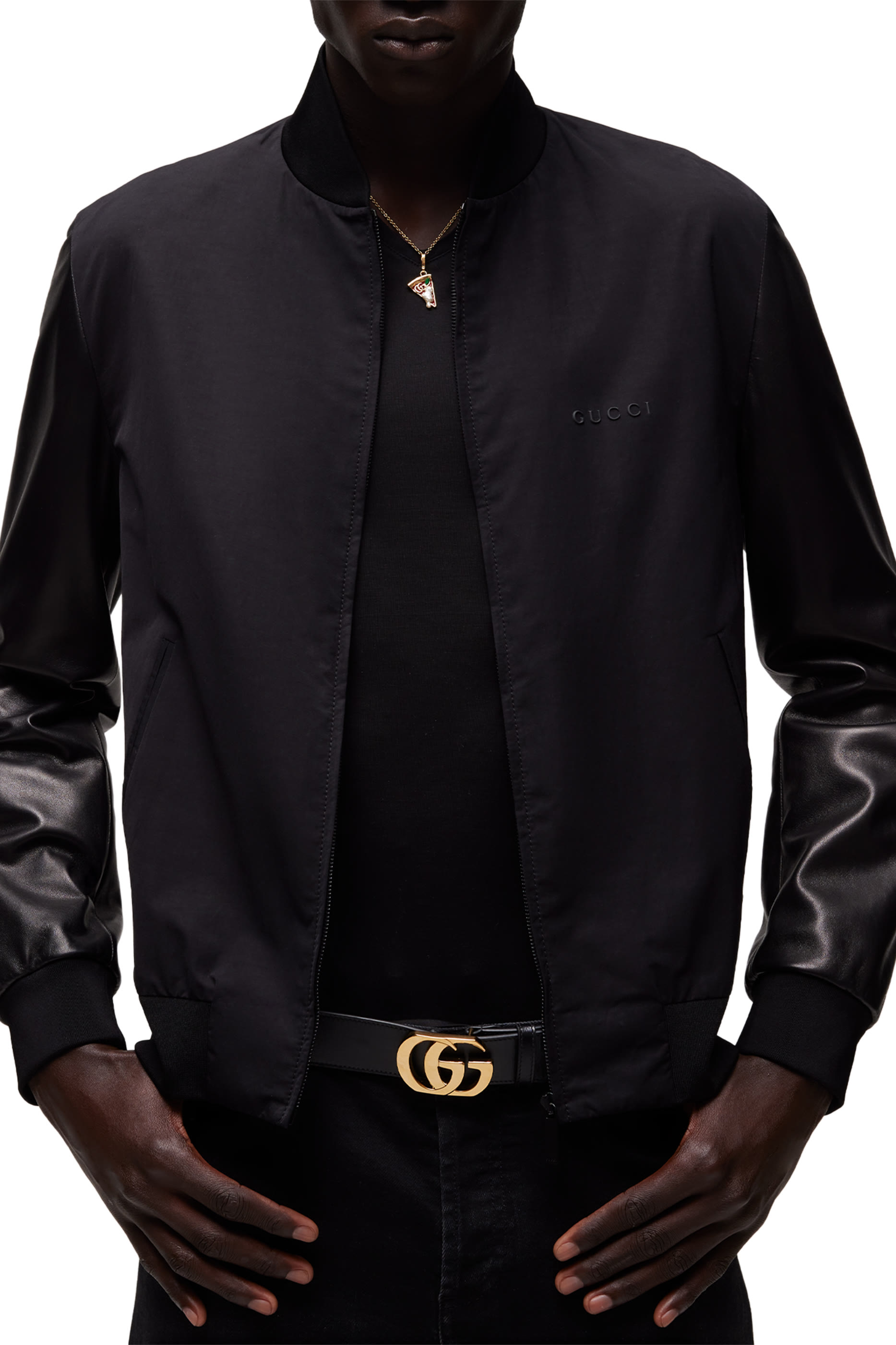 Fabric Bomber Jacket with Nappa Sleeves