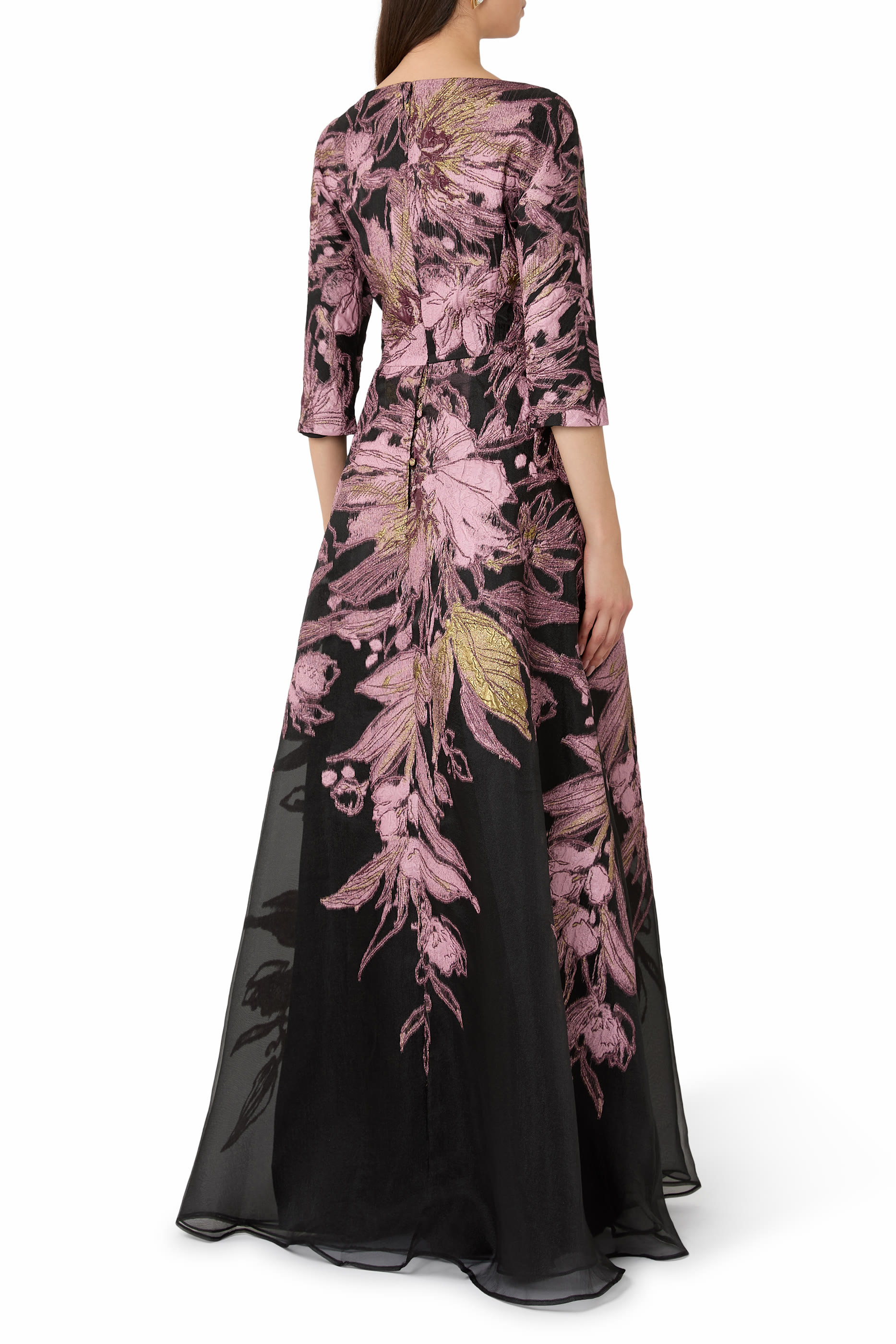 Metallic Jacquard Floral V-Neck Gown