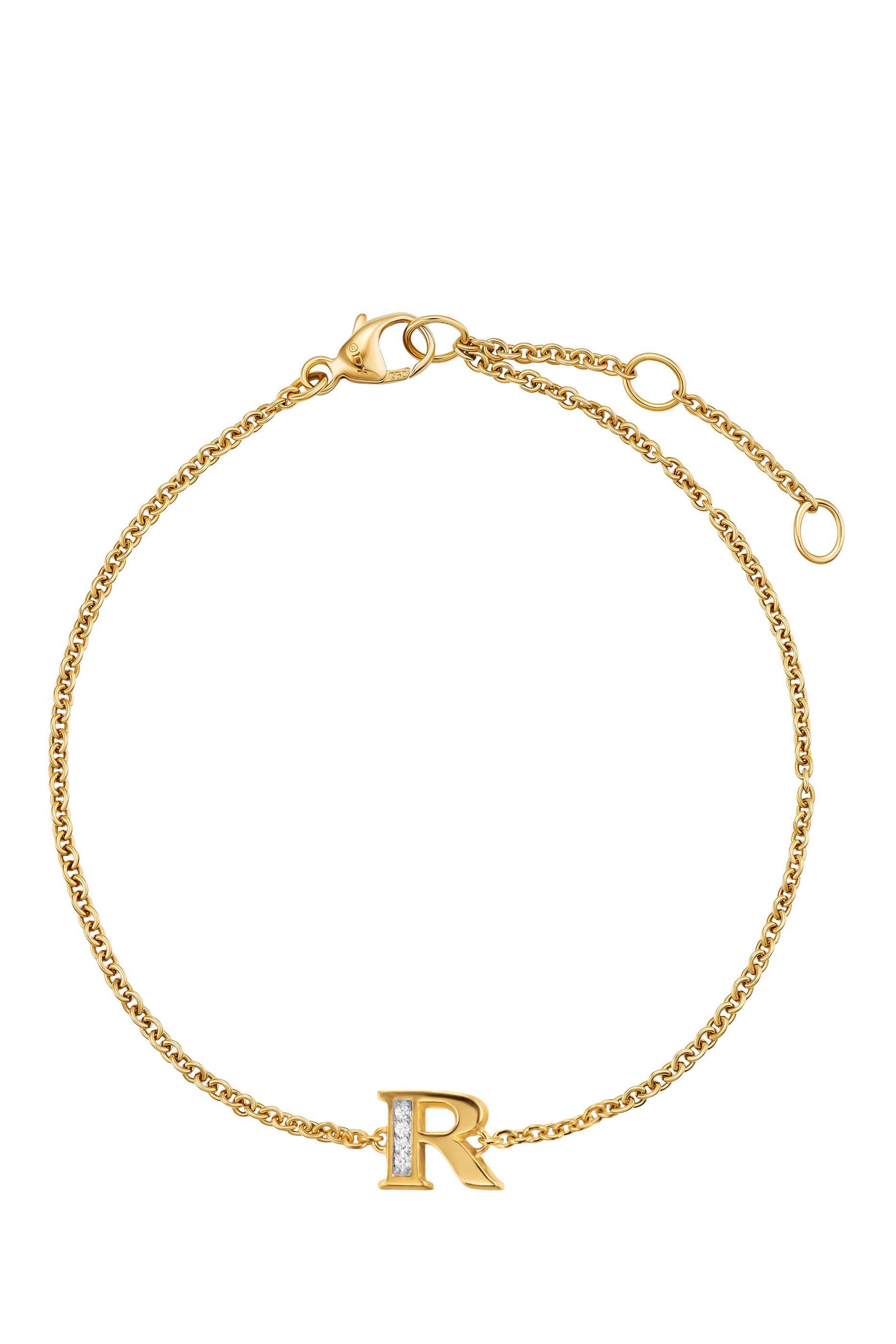 Petite Pavé R Initial Chain Bracelet, 18k Yellow Gold & Diamonds