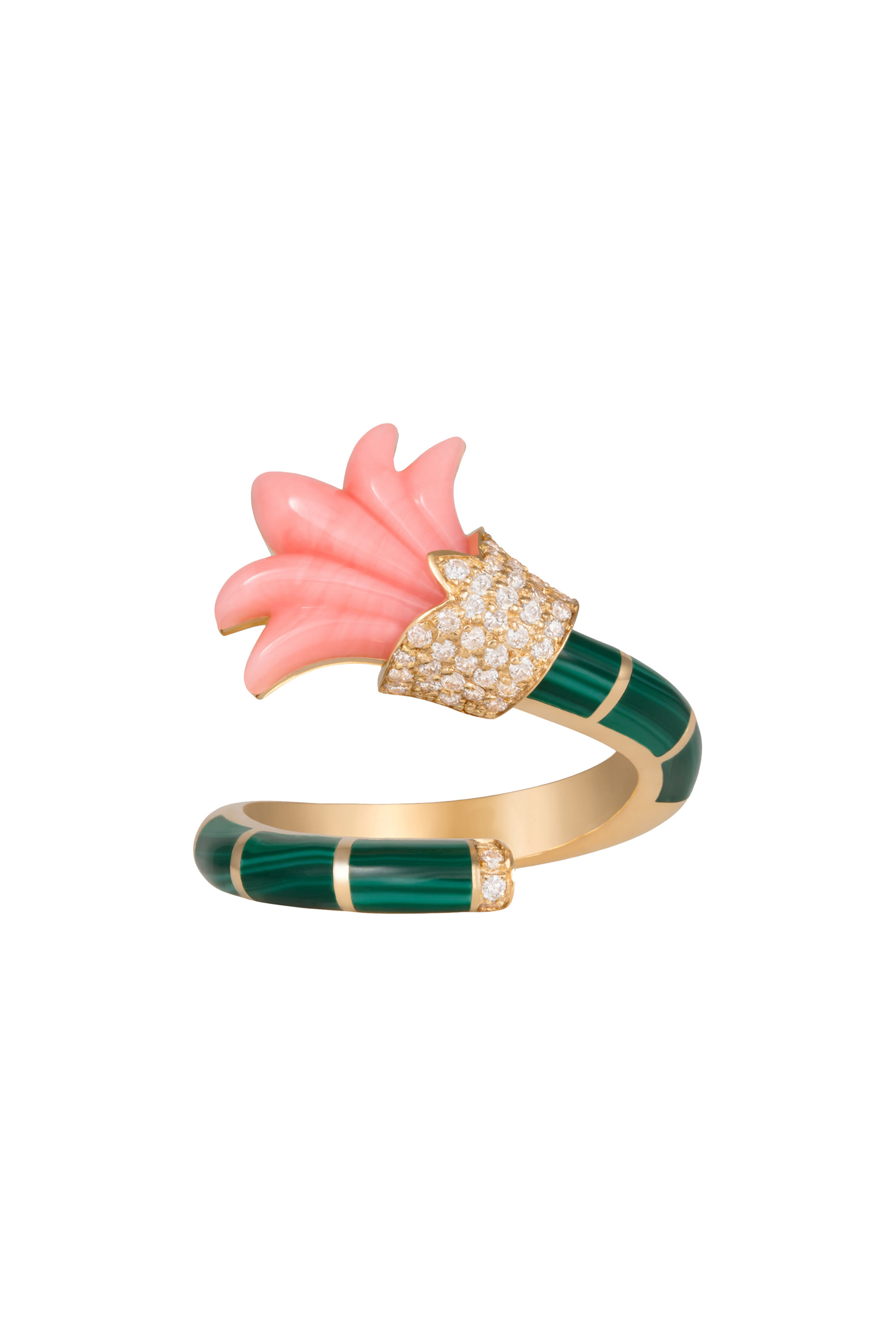 Flower Pinky Ring, 18k Yellow Gold with Diamonds & Malachite