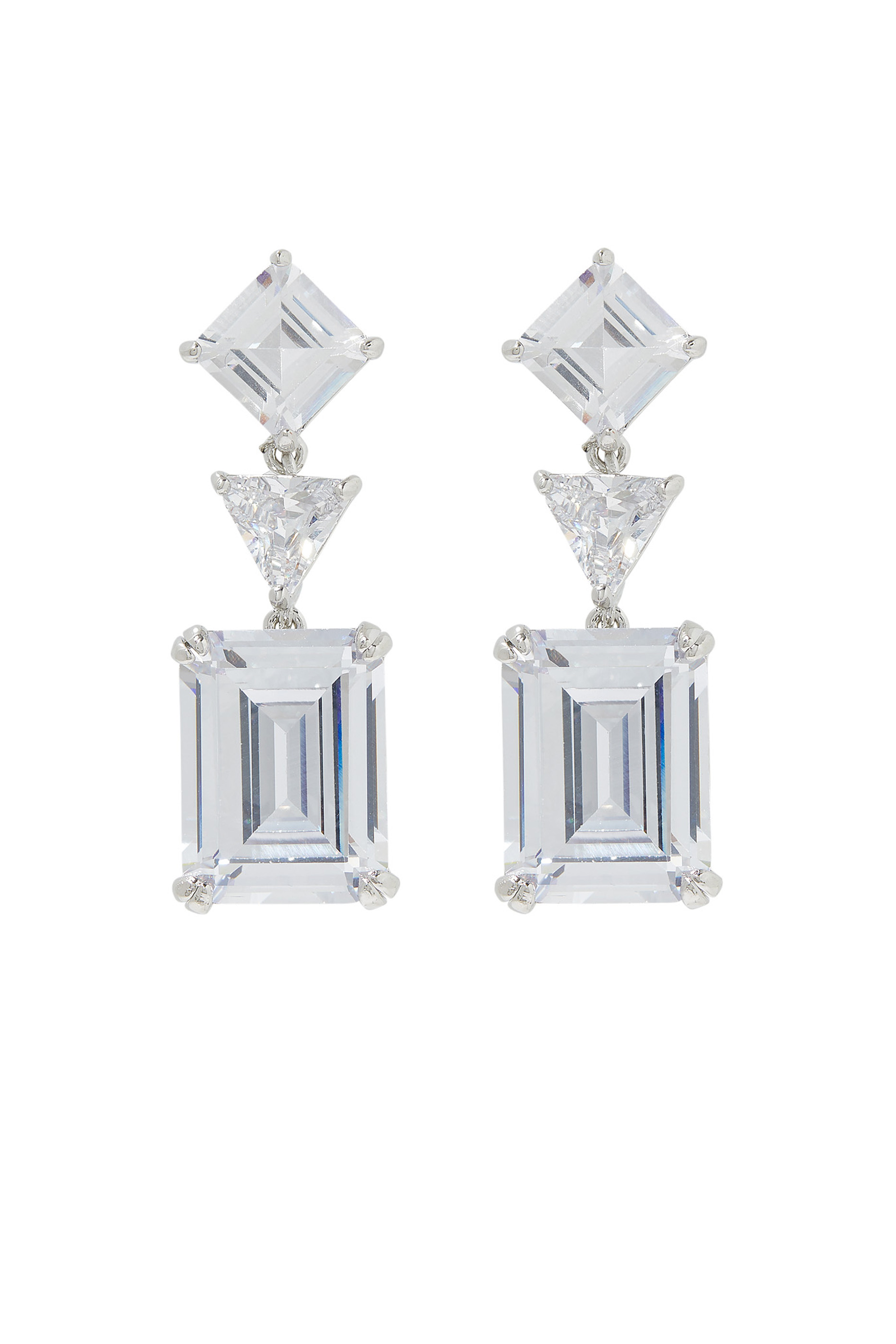 Multi-Shape Tiered Drop Earrings, Rhodium-Plated Brass & Cubic Zirconia