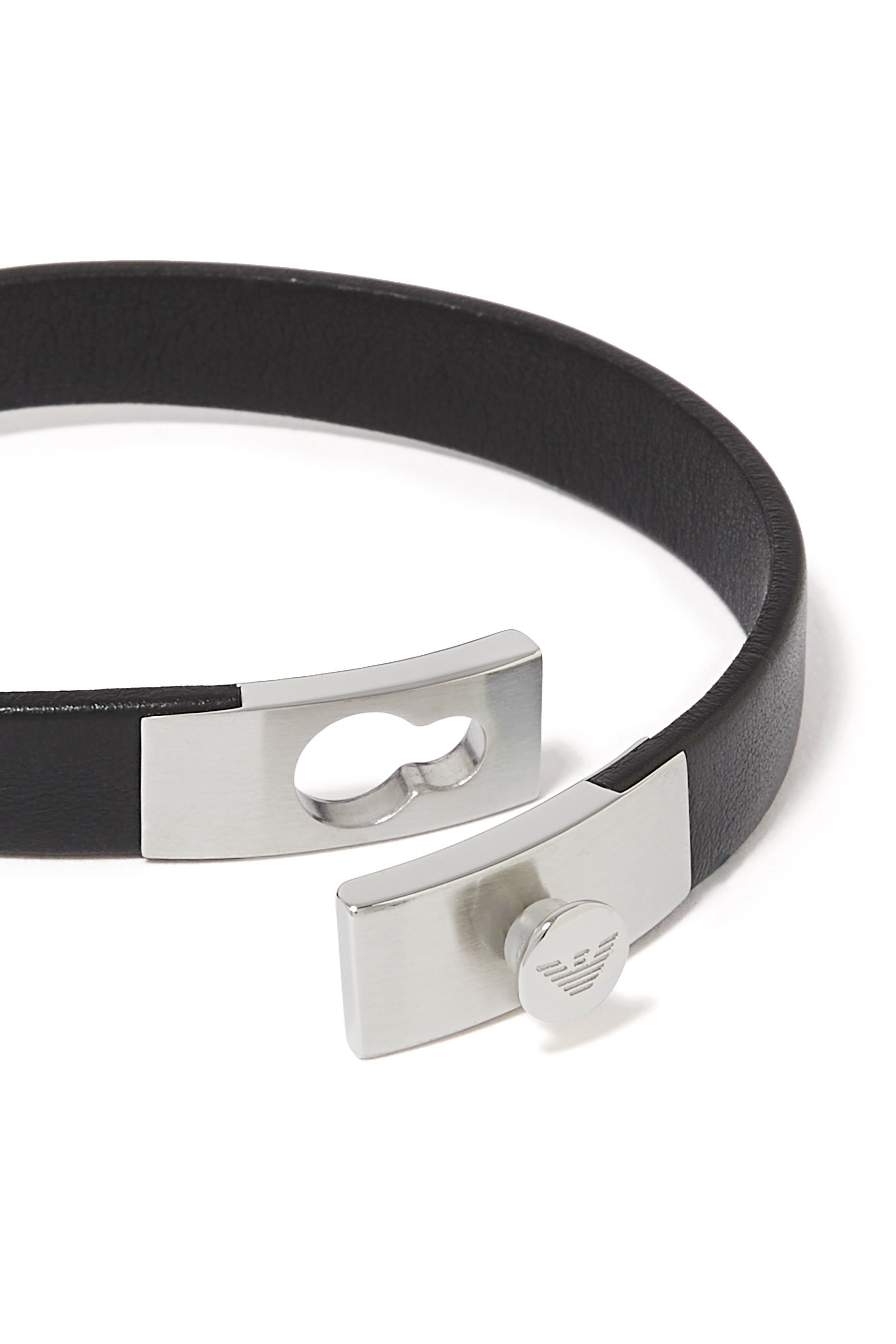 Stainless Steel & Black Leather Strap Bracelet