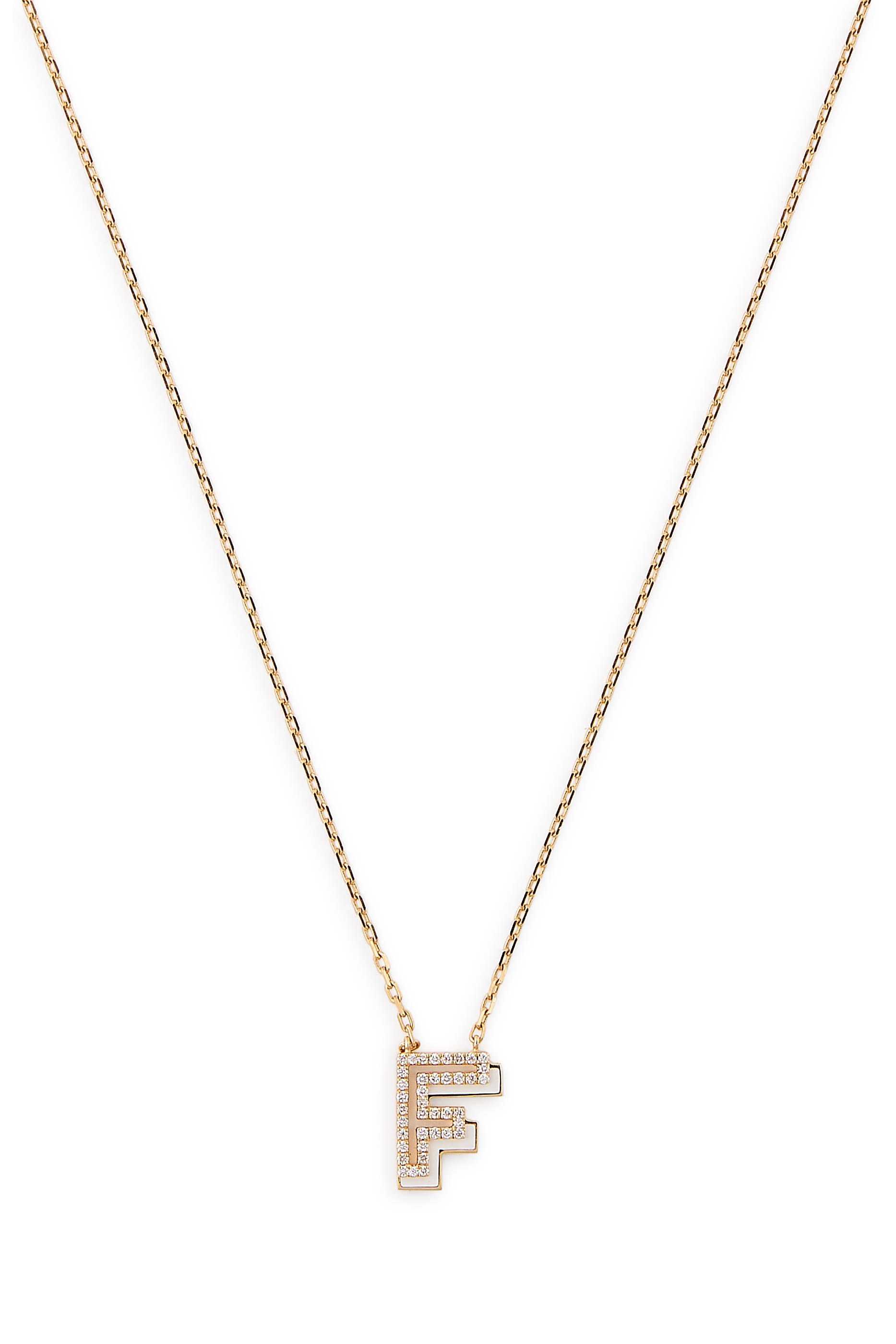  Letter F Silhouette Necklace,  18k Yellow Gold with Diamonds & Enamel