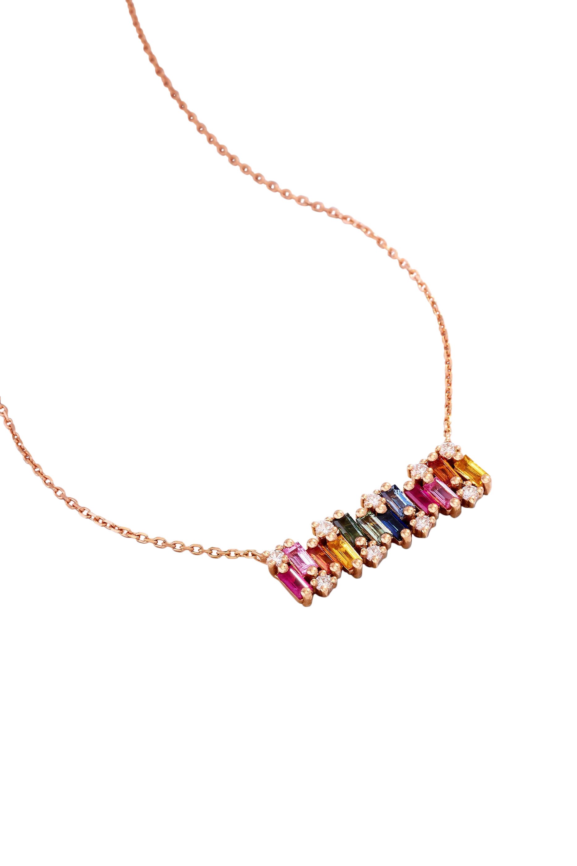 Shimmer Rainbow Bar Pendant, 18K Rose Gold with  Sapphire Baguettes & White Diamonds 