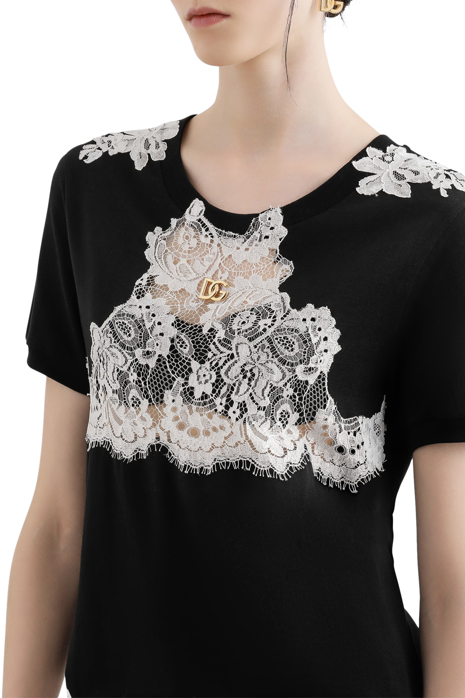 Logo and Lace Details Jersey T-Shirt