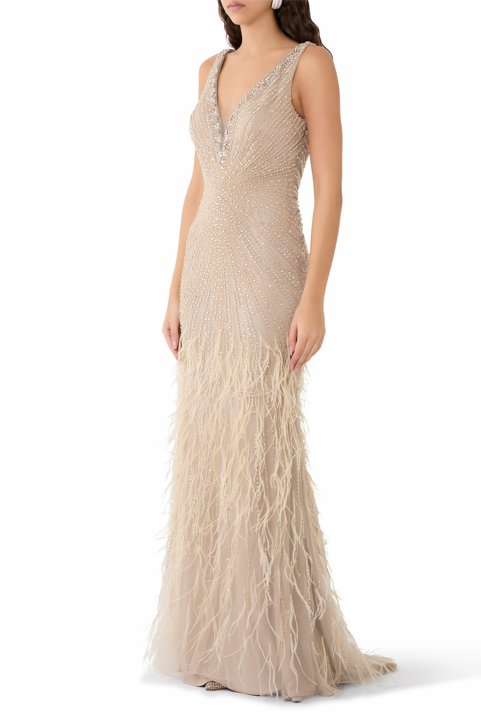 Sleeveless Feather Beaded Gown