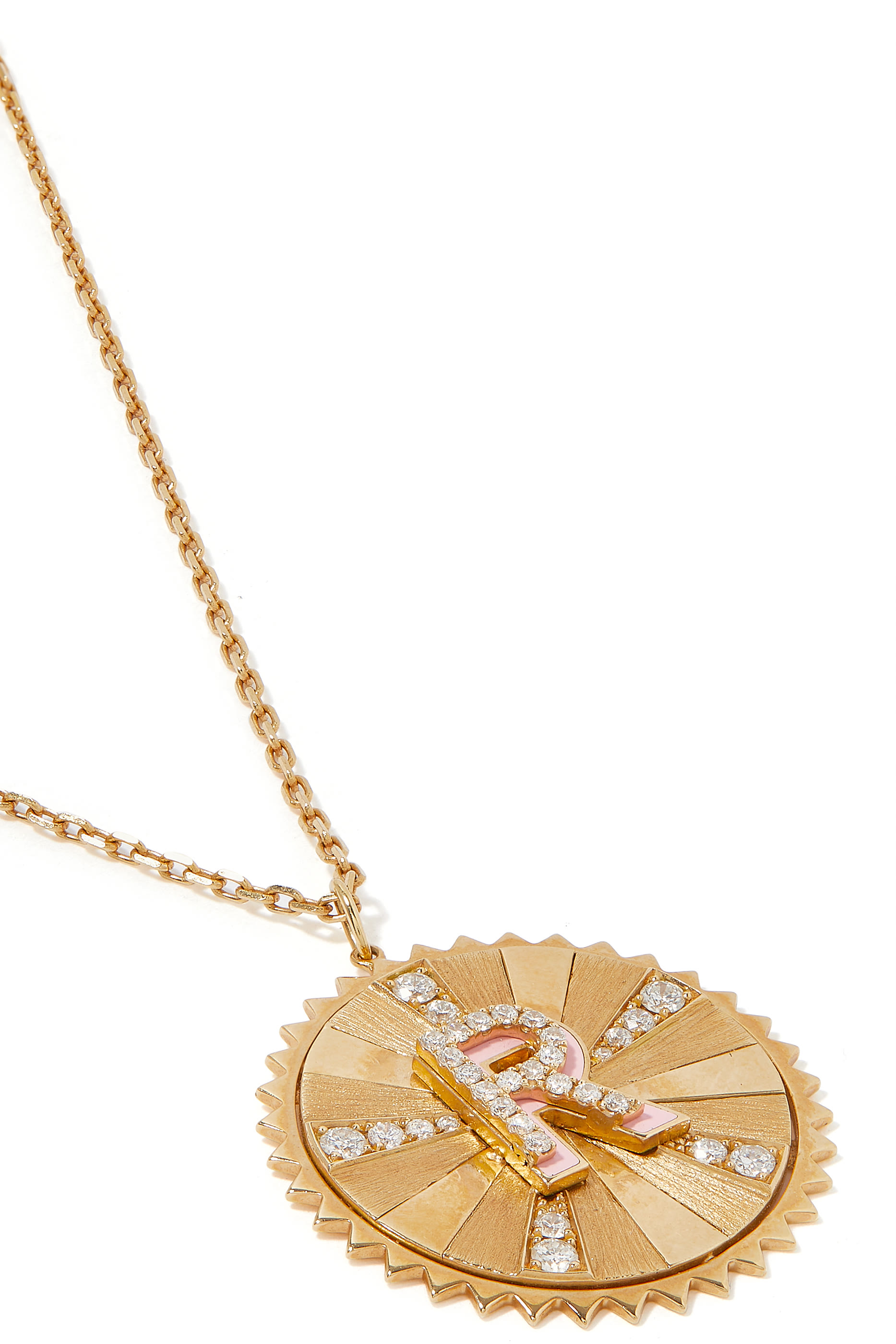 Letter R Coin Necklace, 18K Gold & Diamond