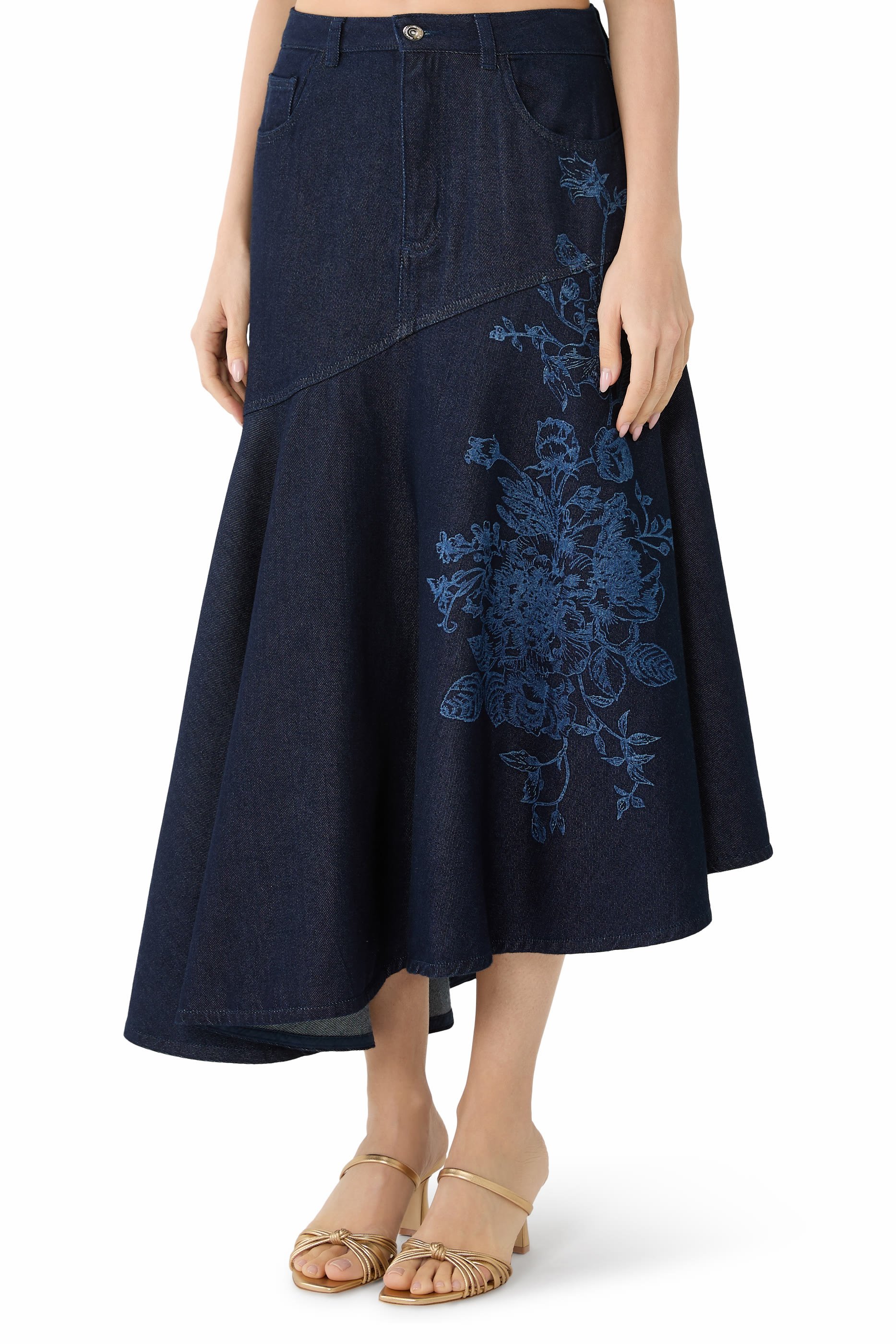 Flower Motif Denim Midi Flounce Skirt 