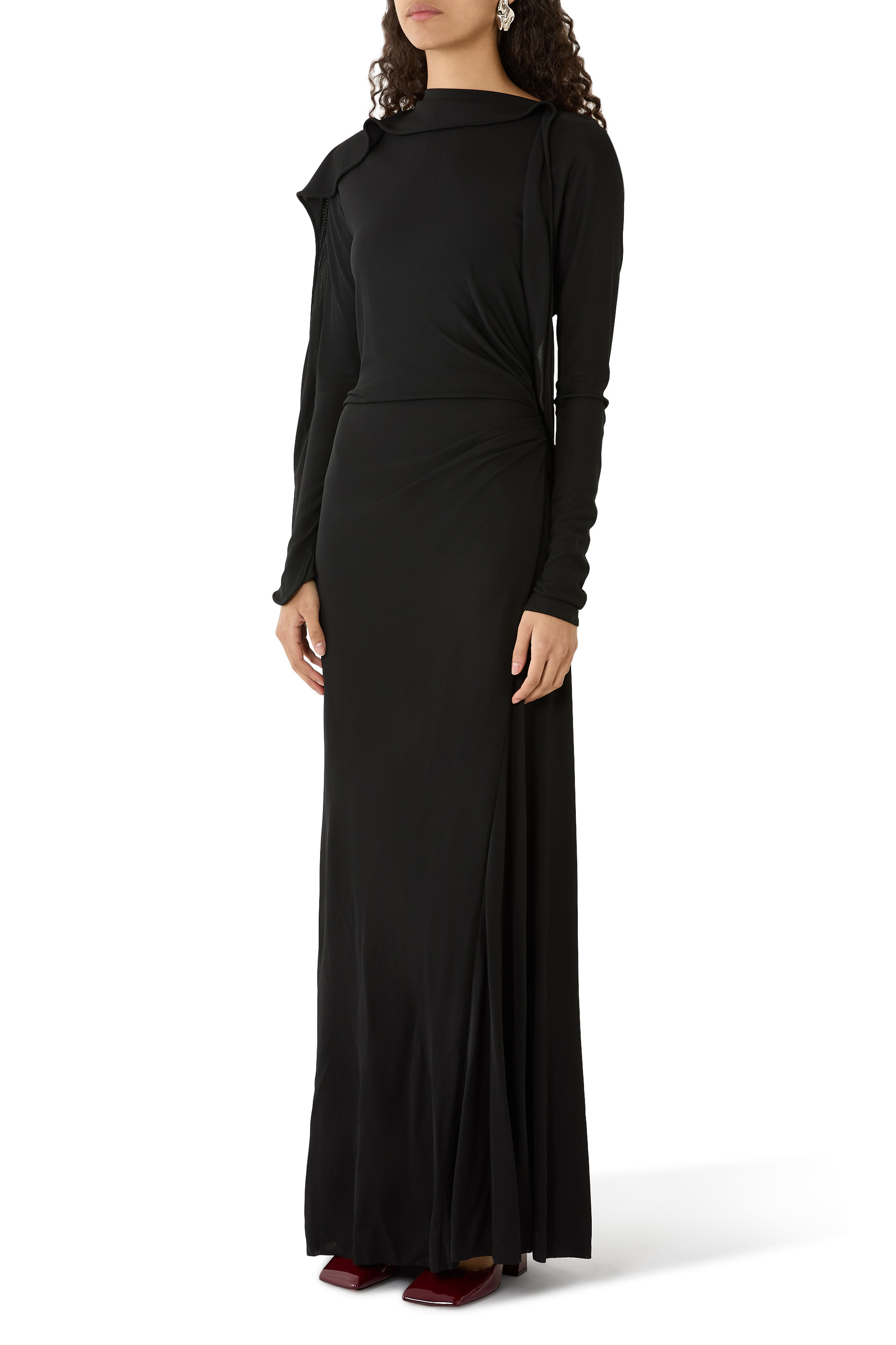  Long Sleeve Draped Jersey Gown 