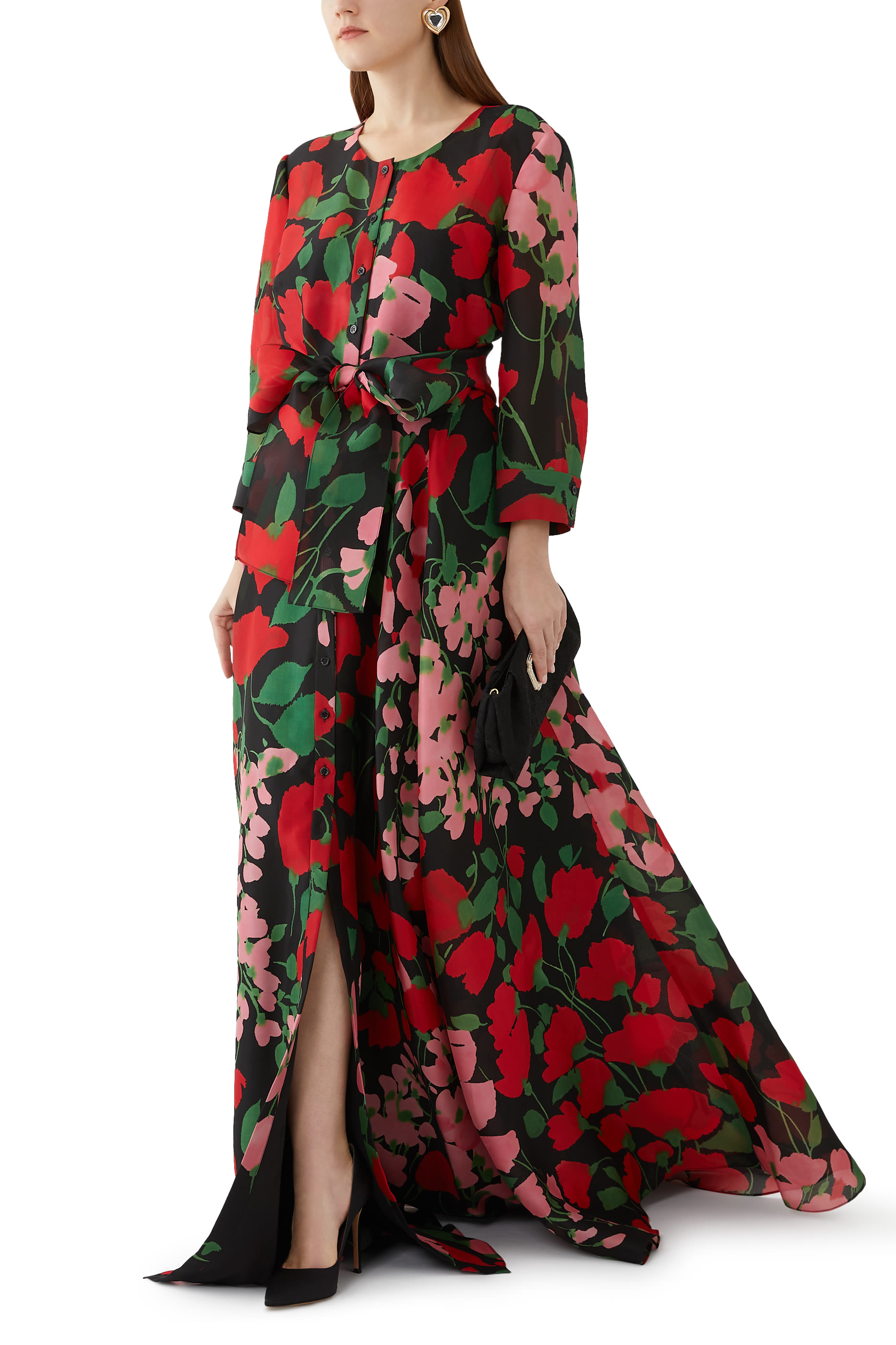 Floral-Print Trench Gown