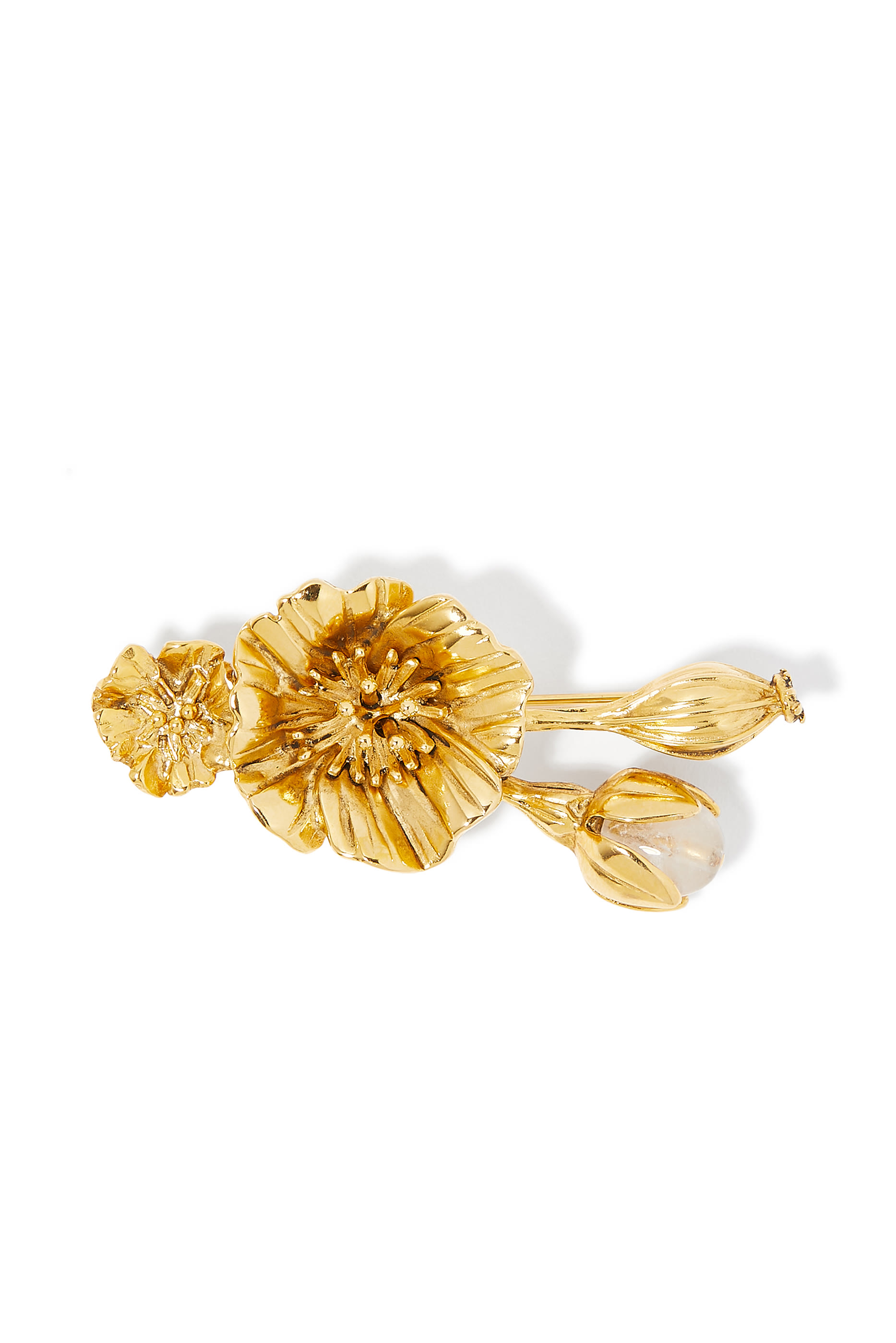 Fleur de Pavot Bouquet Brooch,  24K Gold-Plated Brass & Natural Rock Crystal