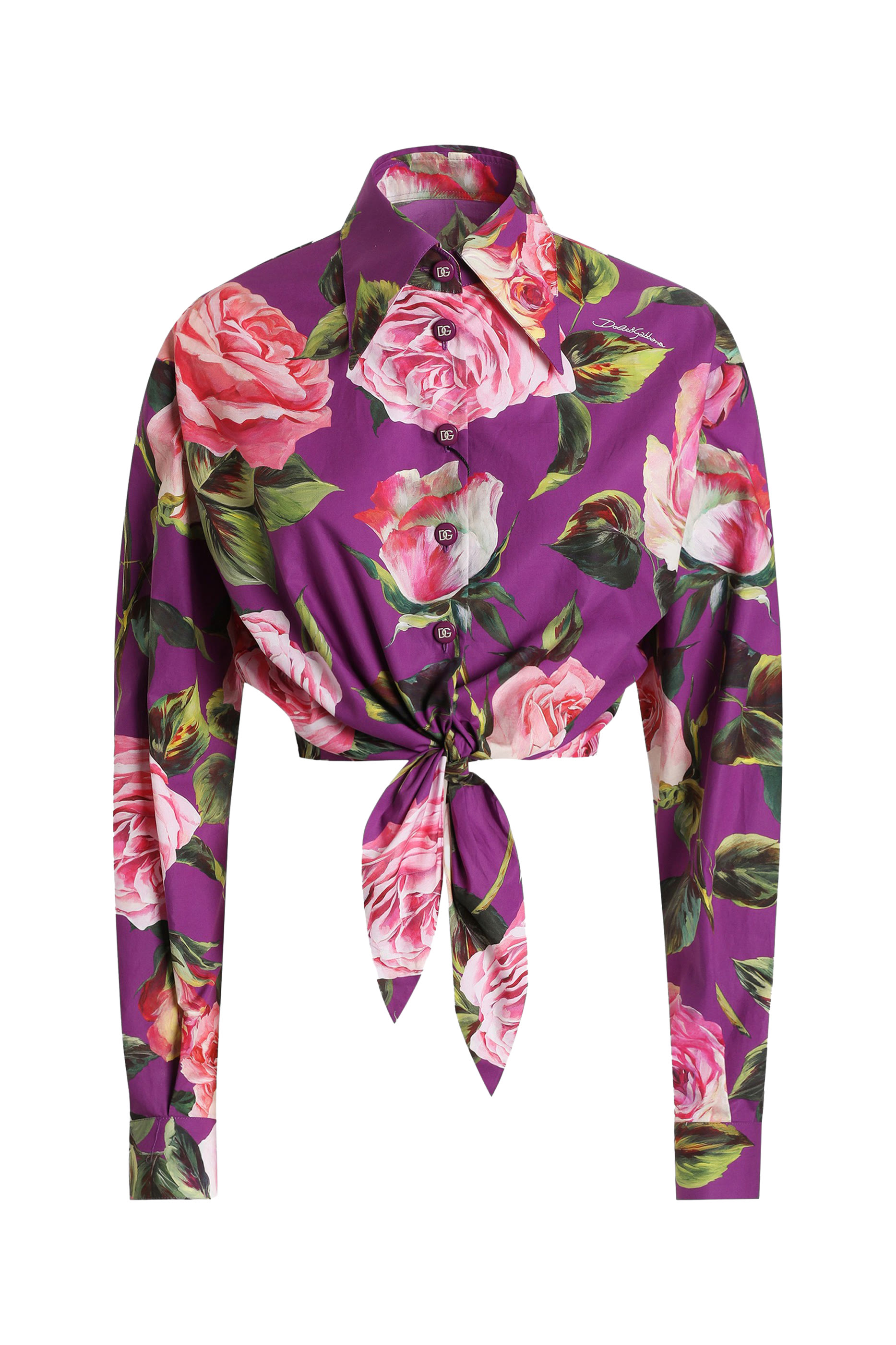 Rose Print Cotton Pussy-Bow Shirt