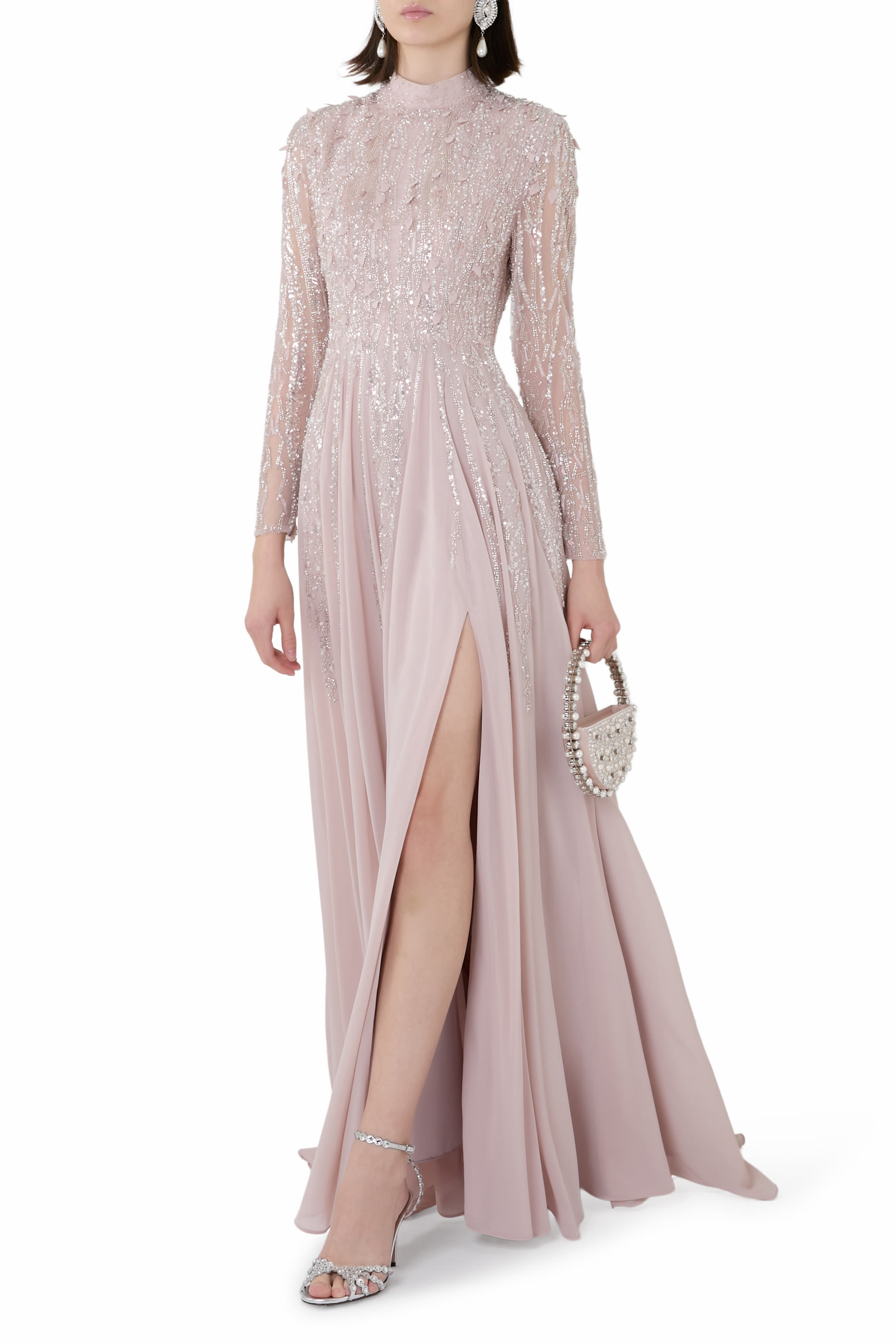  Embellished Long Sleeve Gown with Slit 