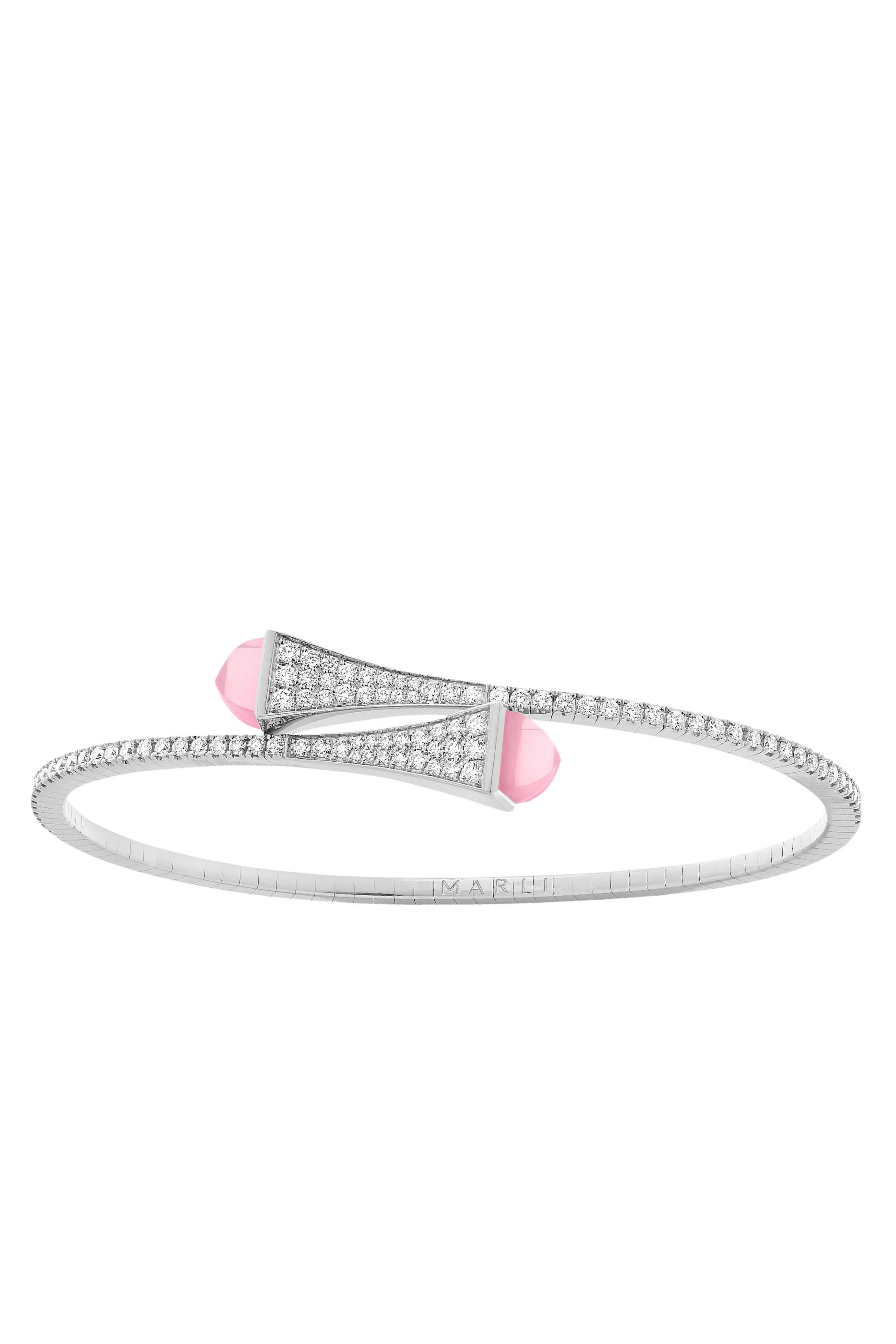 Cleo Midi Slip-On Bracelet, 18k White Gold with Diamonds & Pink Quartz Agate