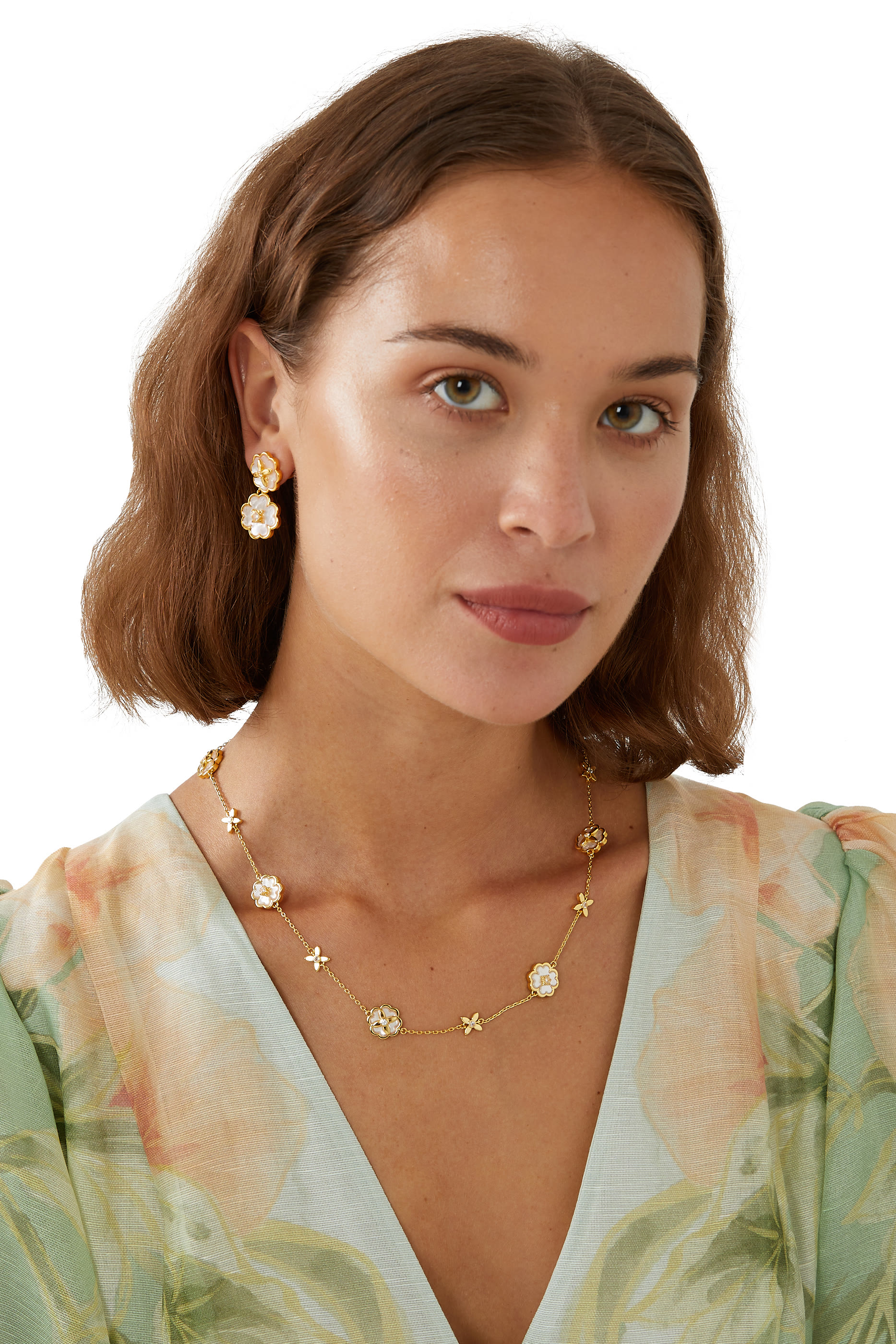 Heritage Bloom Drop Earrings, Plated Metal With Mother of Pearl & Cubic Zirconia