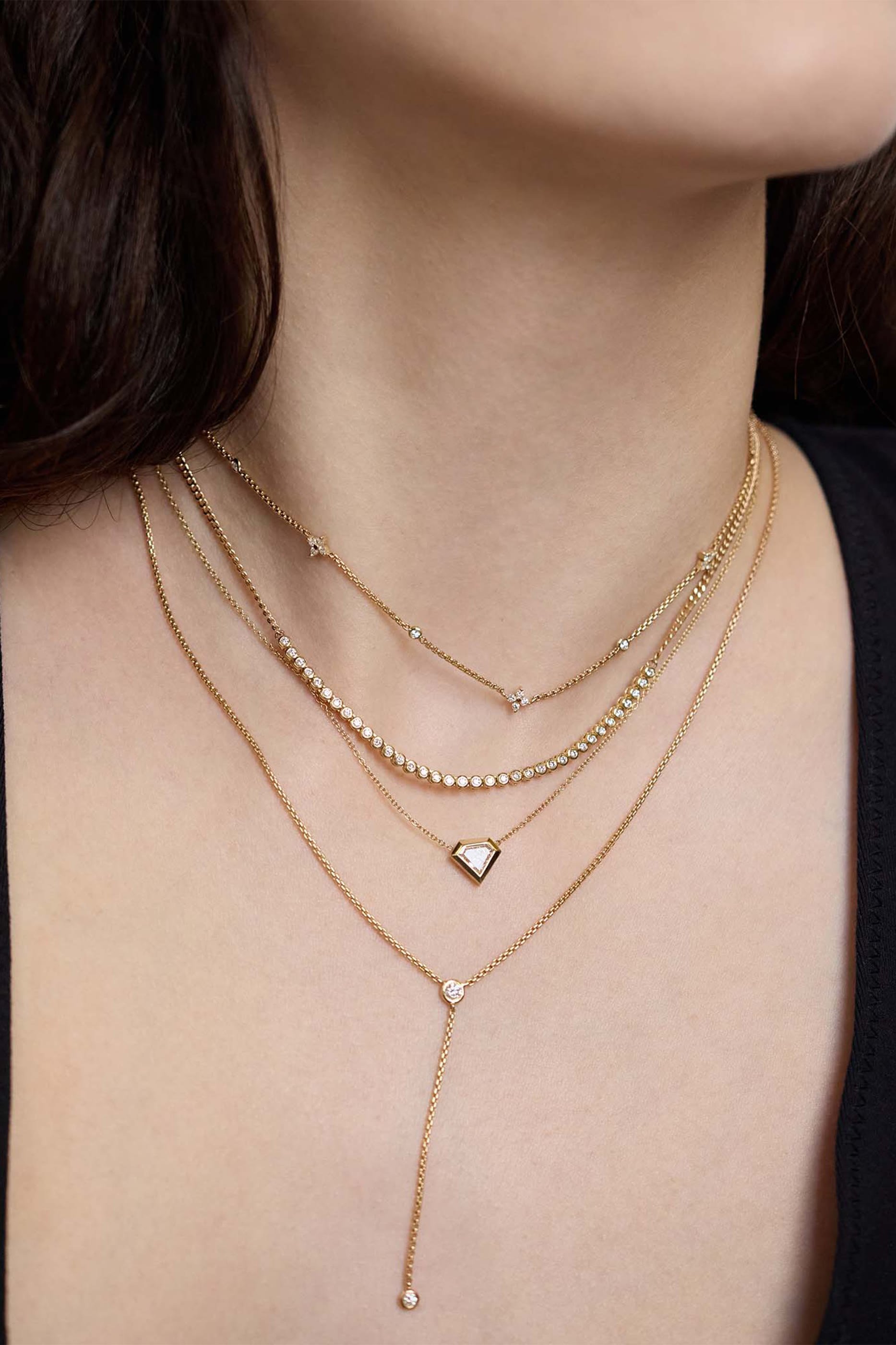 Prong Quad & Floating Extra Small Box Chain Necklace, 14K Gold & Diamonds