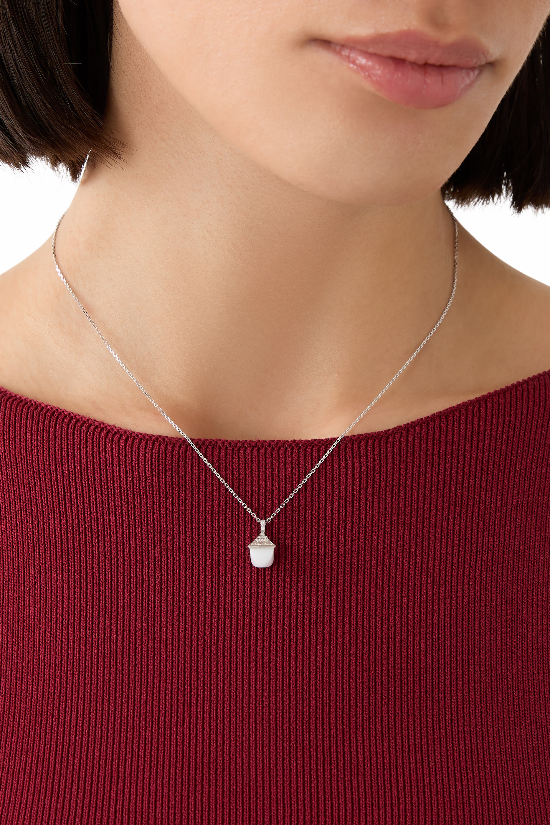 Cleo Rev Mini Pendant Necklace, 18k White Gold, White Agate & Diamond