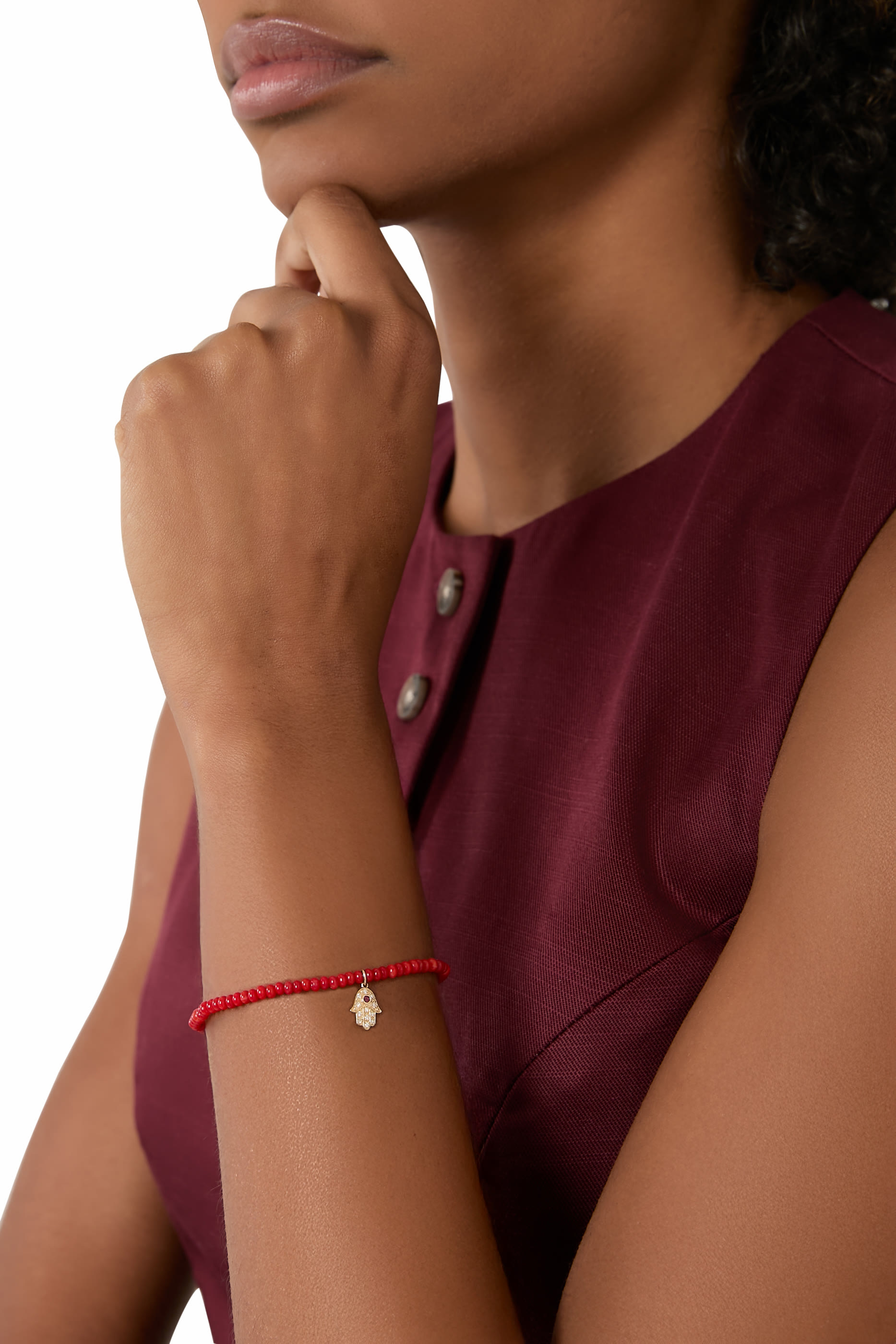 Mini Hamsa Beaded Bracelet, 14K Yellow Gold with Diamonds, Ruby & Red Sea Bamboo Beads