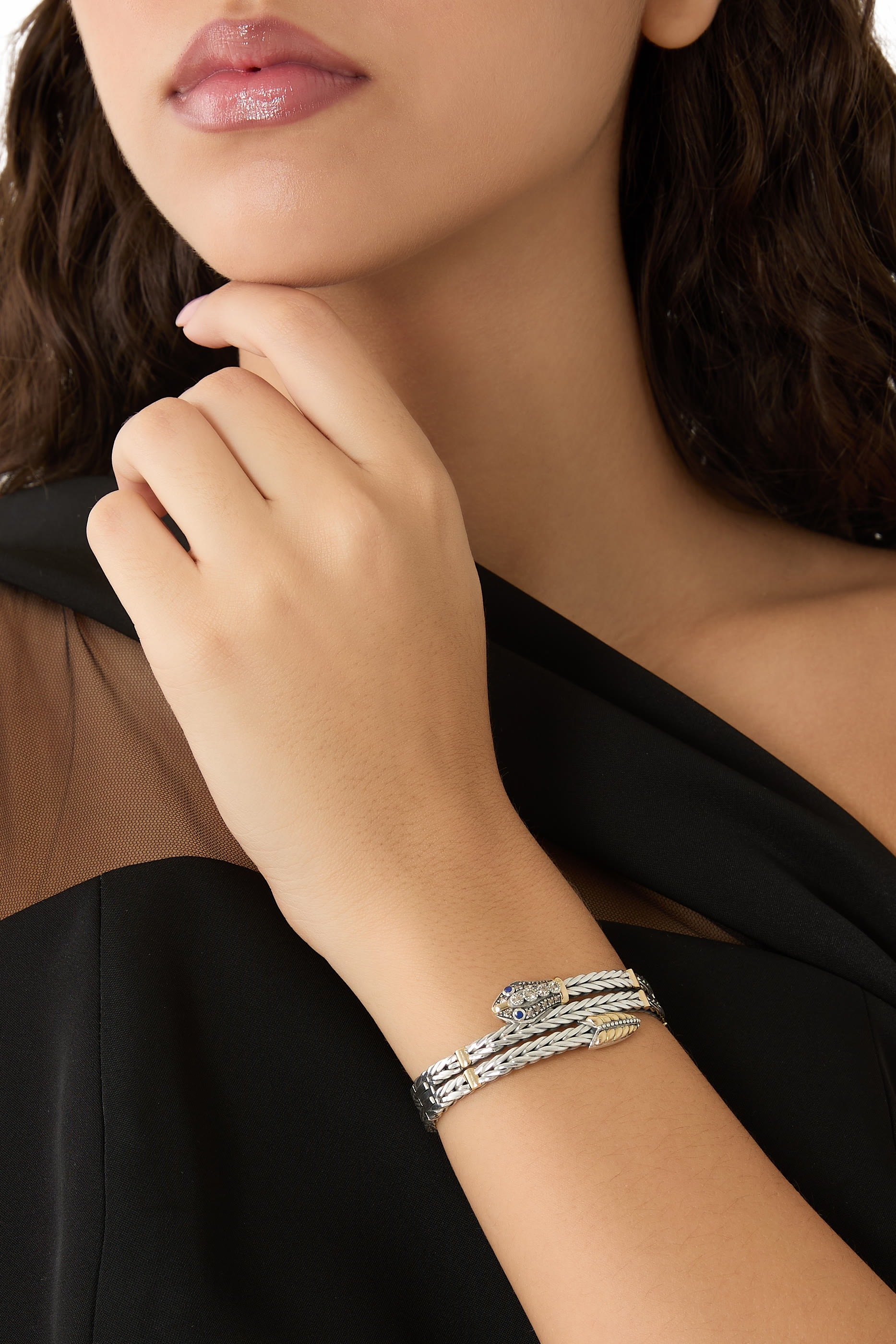 Roman Chain Snake Bangle, 18K Yellow Gold with Sterling Silver & Lapis