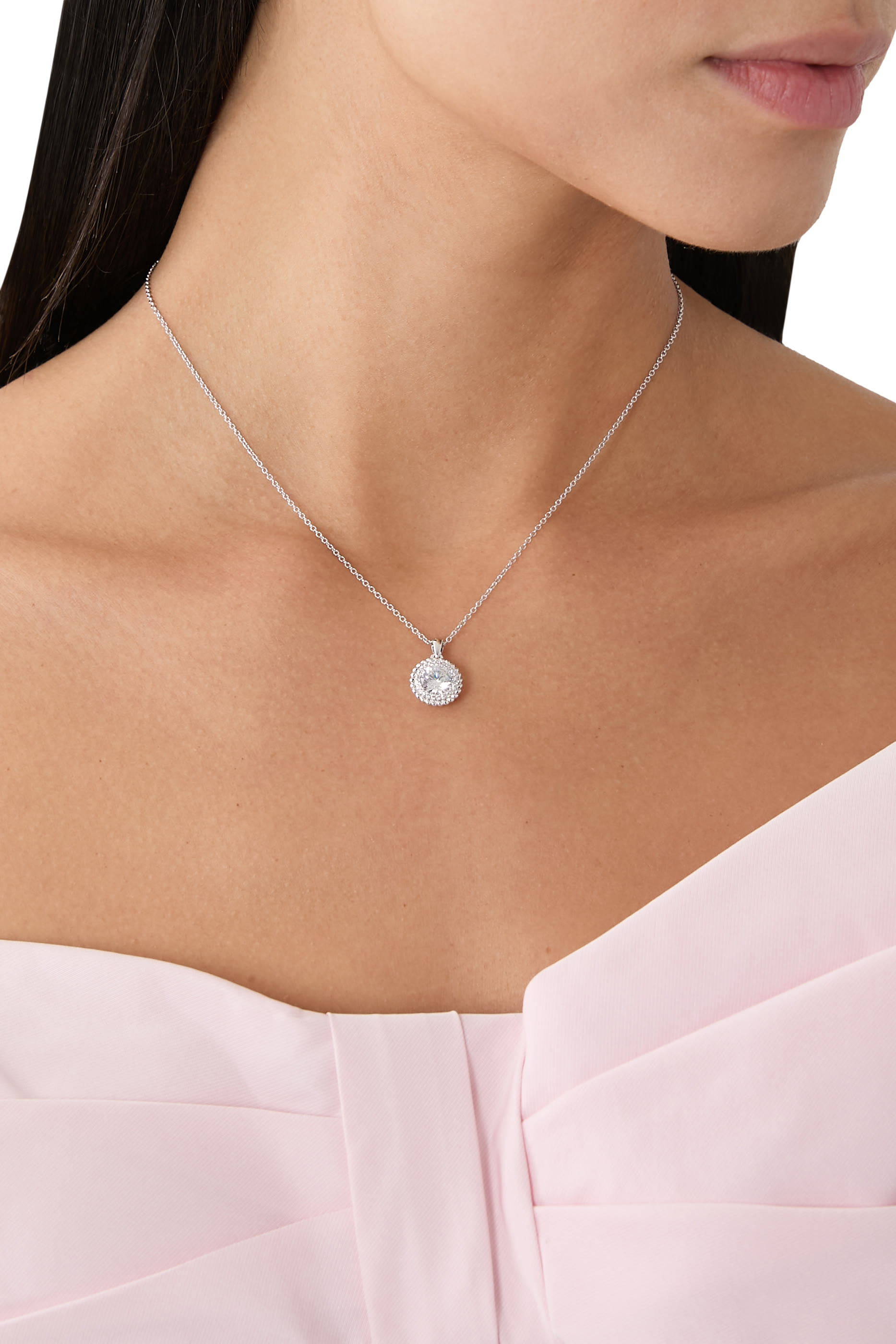  Round Pendant Necklace, Rhodium Plated Brass & Cubic Zirconia