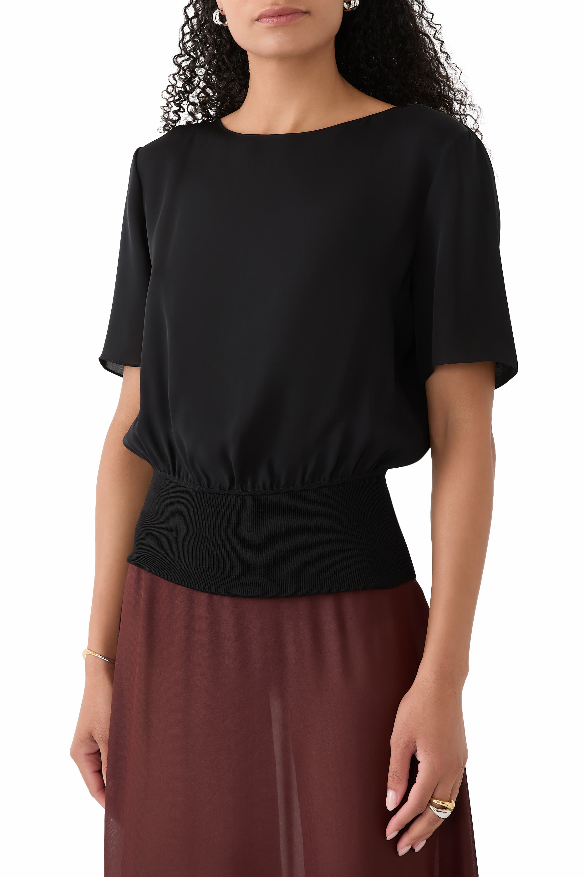 Ribbed Hem Silk Blouse