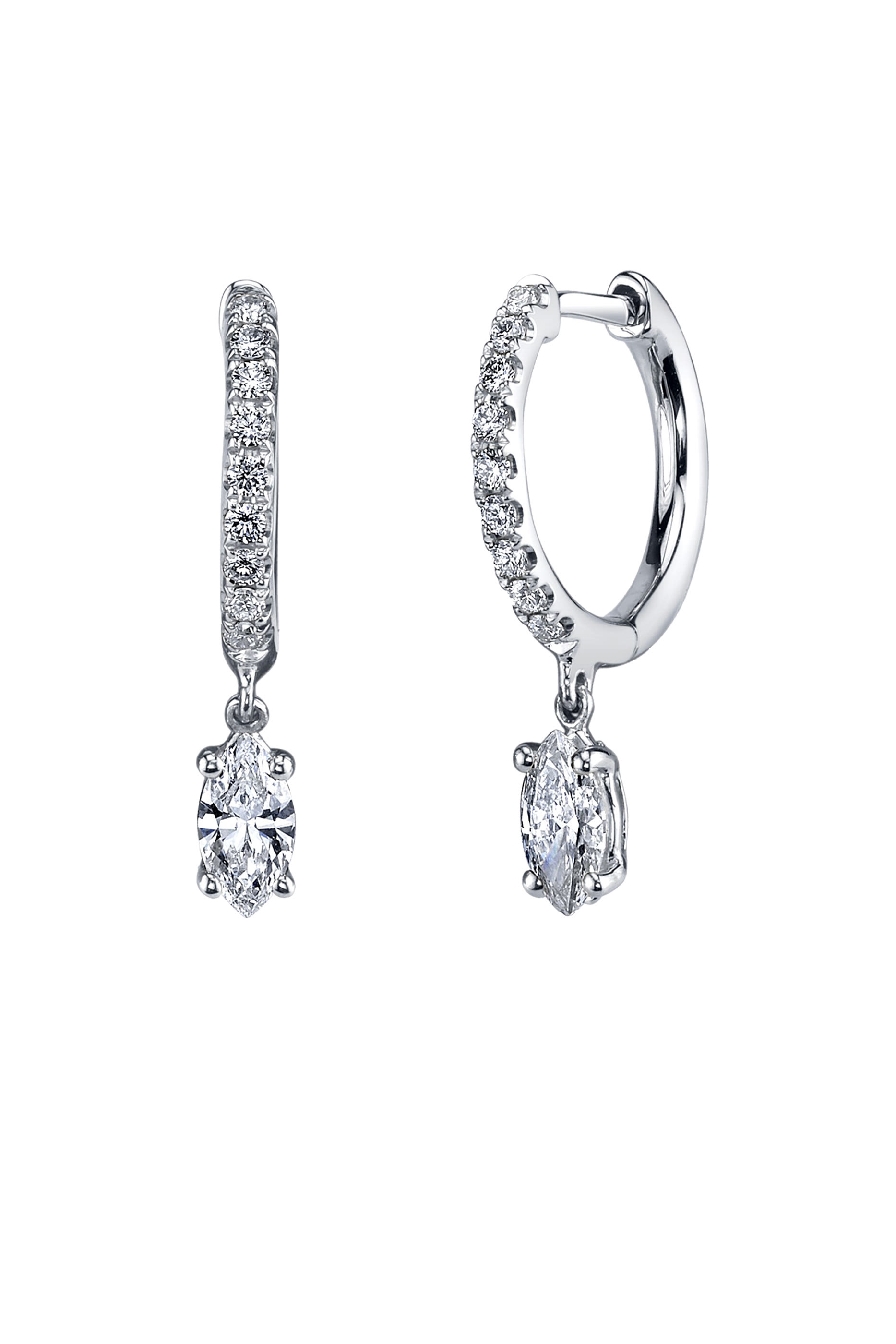 Diamond Huggies with Marquise Diamond Drop, 18k White Gold & Diamonds