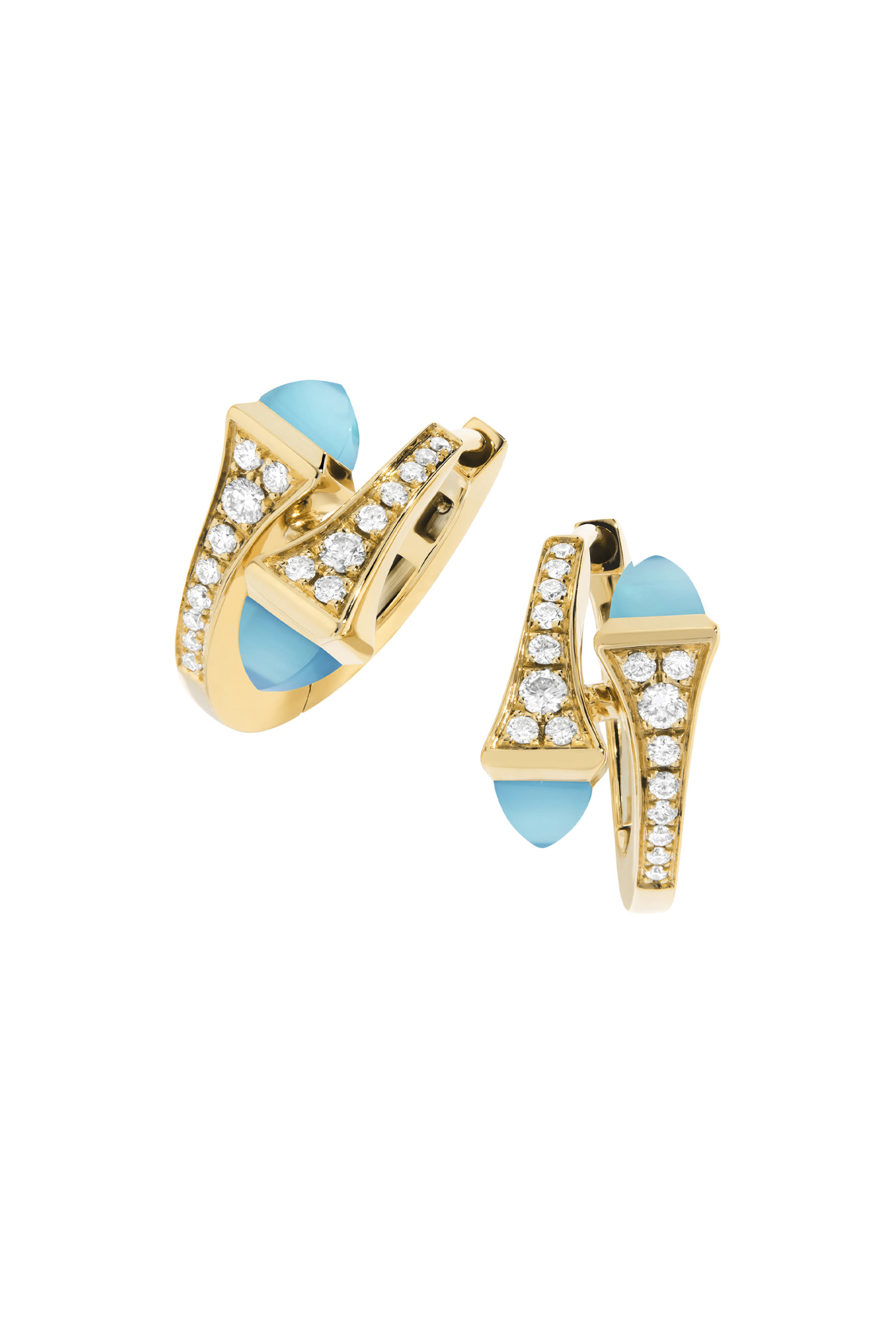 Cleo Huggie Earrings, 18K Yellow Gold, Sea Blue Chalcedony & Diamonds