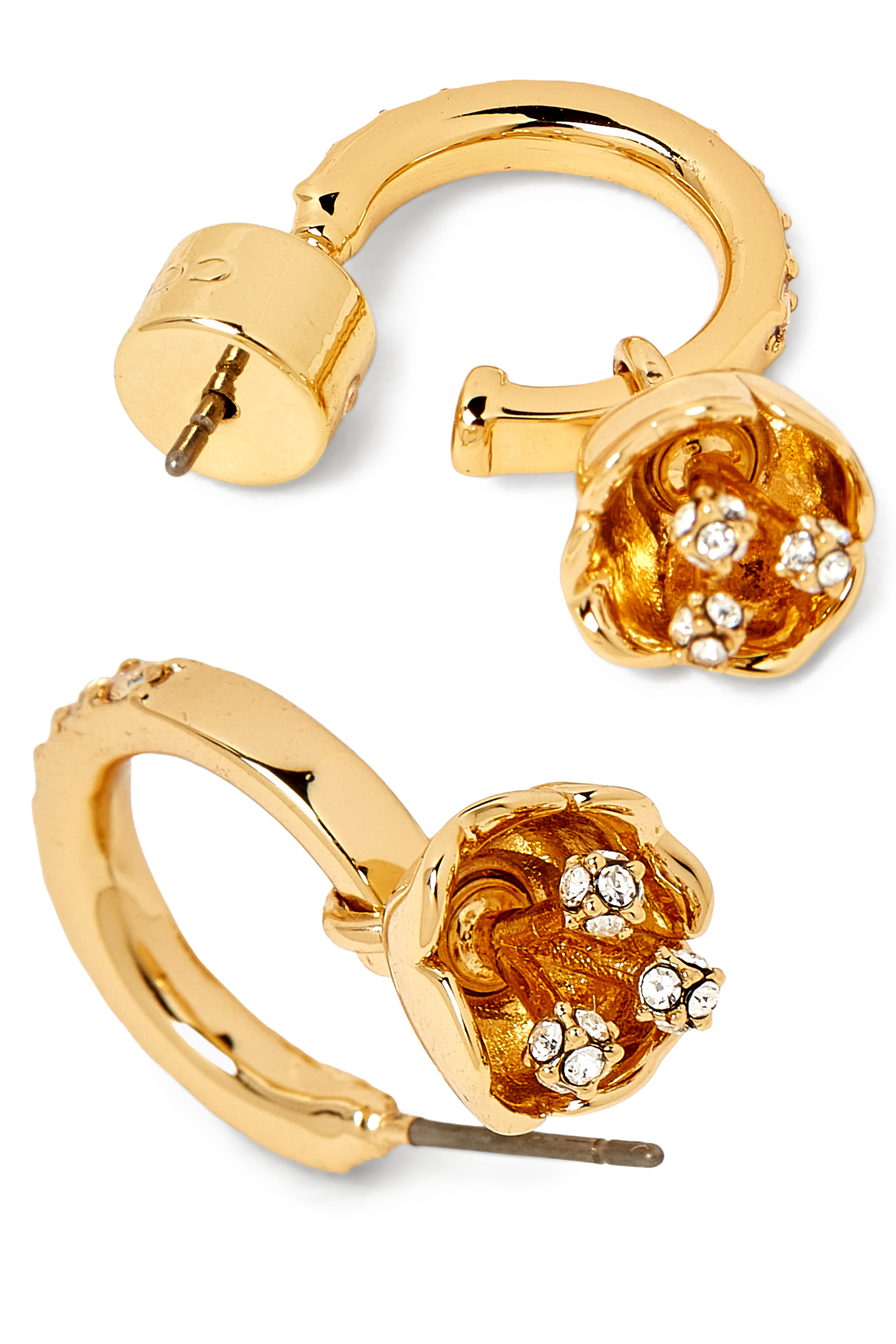 Floral Huggie Earrings, Plated Brass, Glass & Cubic Zirconia
