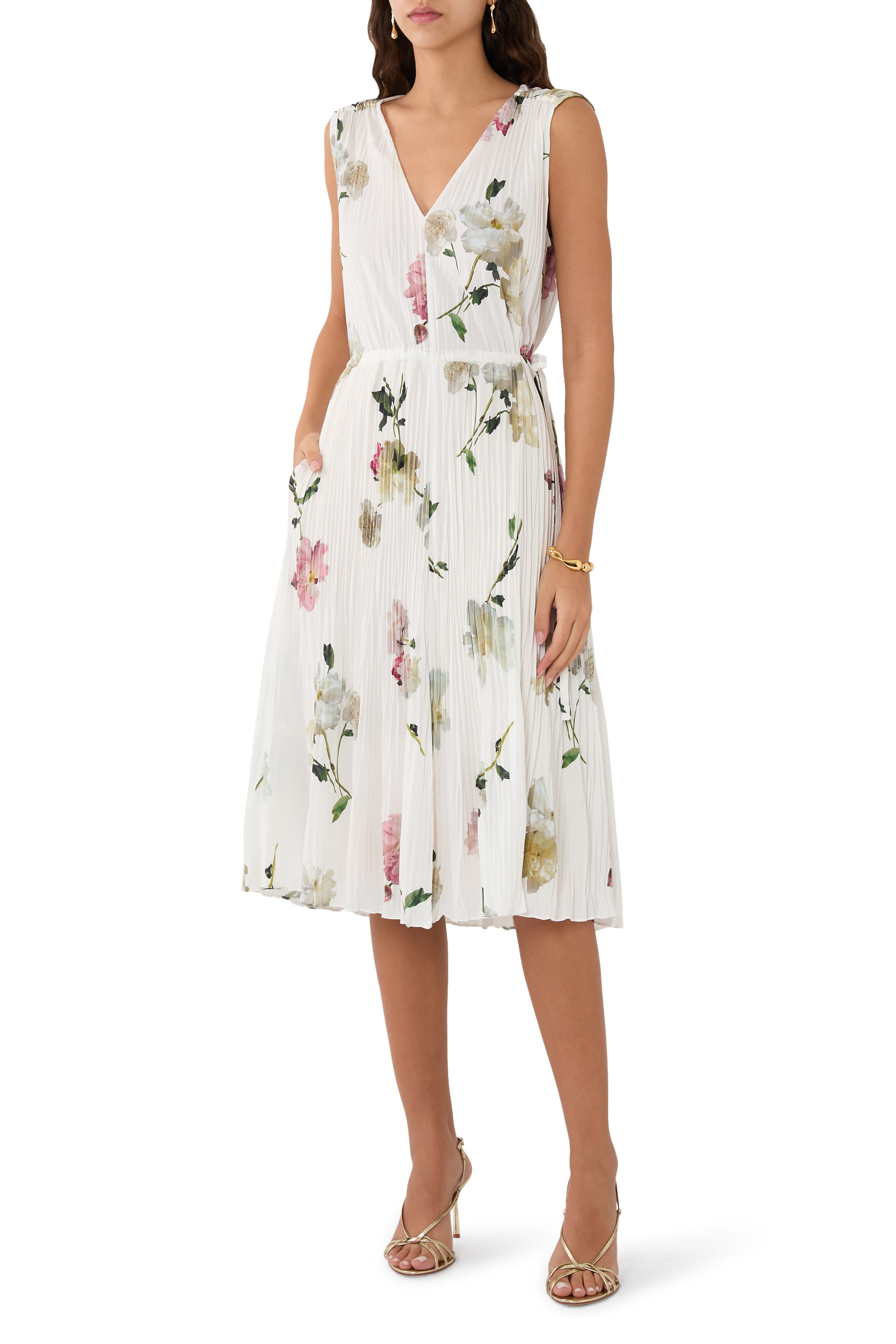 Wilted Peony Pleated V-Neck Dress