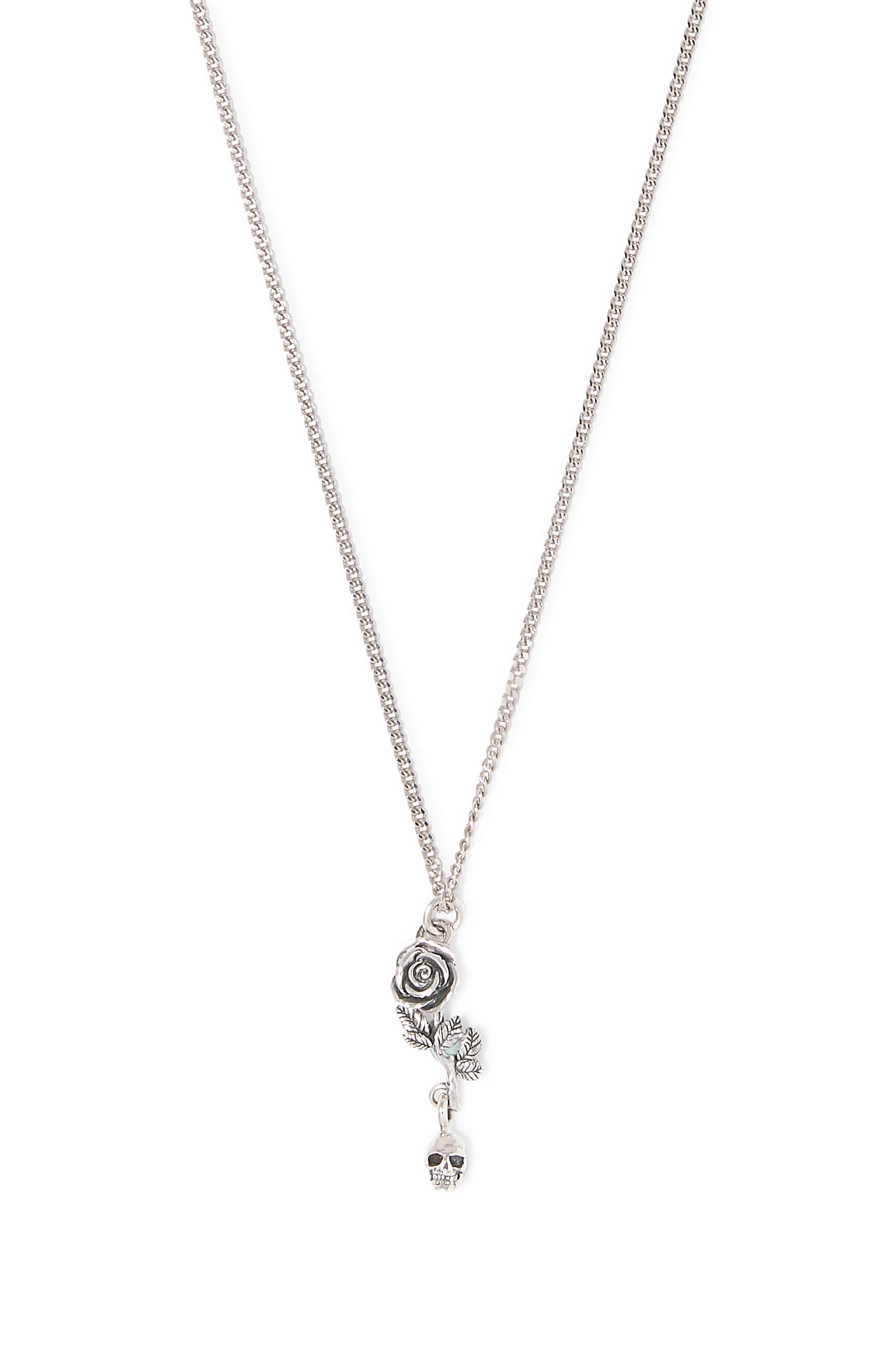 Rose and Skull Pendant Necklace, Sterling Silver