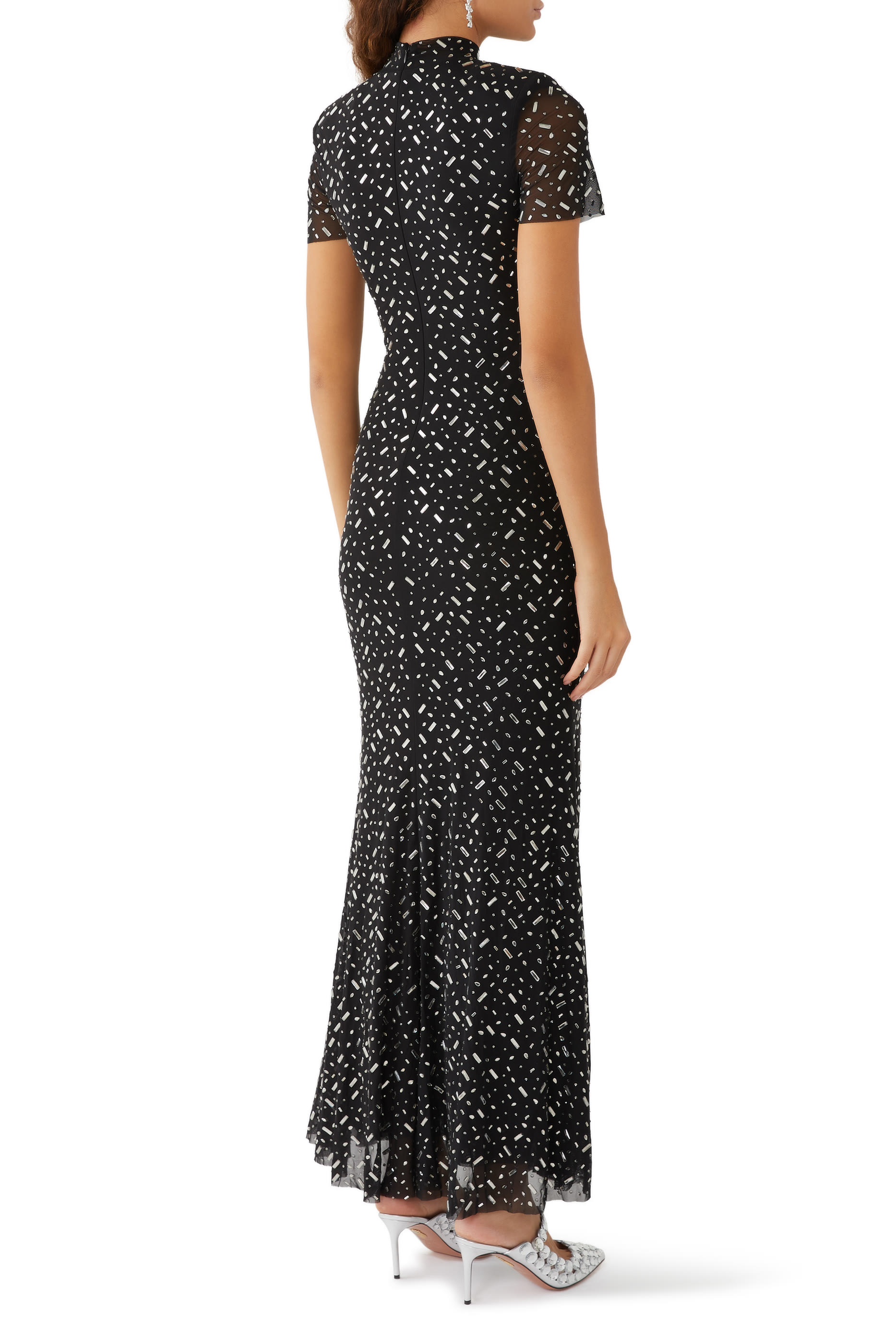 Square Rhinestone Mesh Maxi Dress