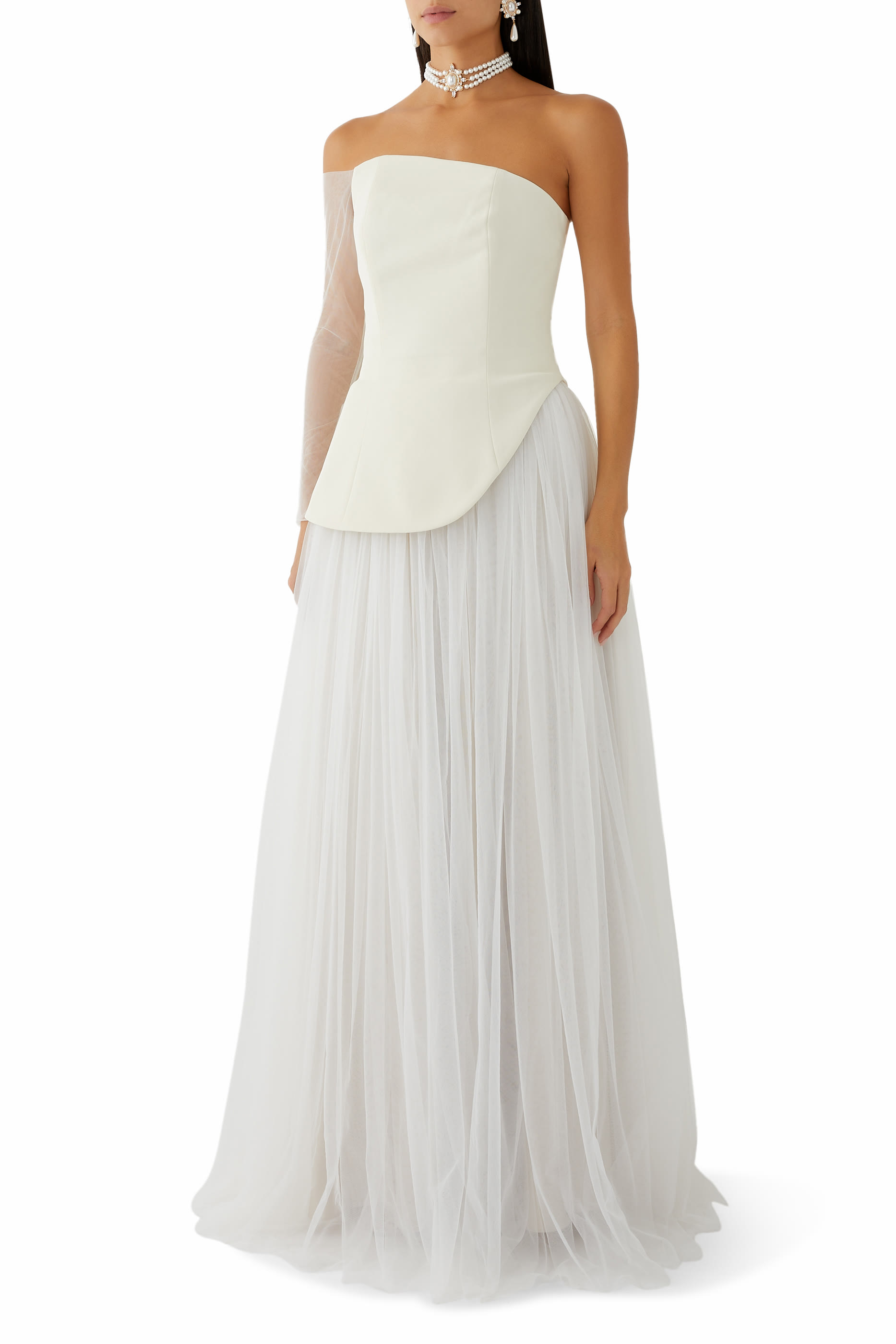 Asymmetric Crepe Gown with Tulle Skirt & Sleeve
