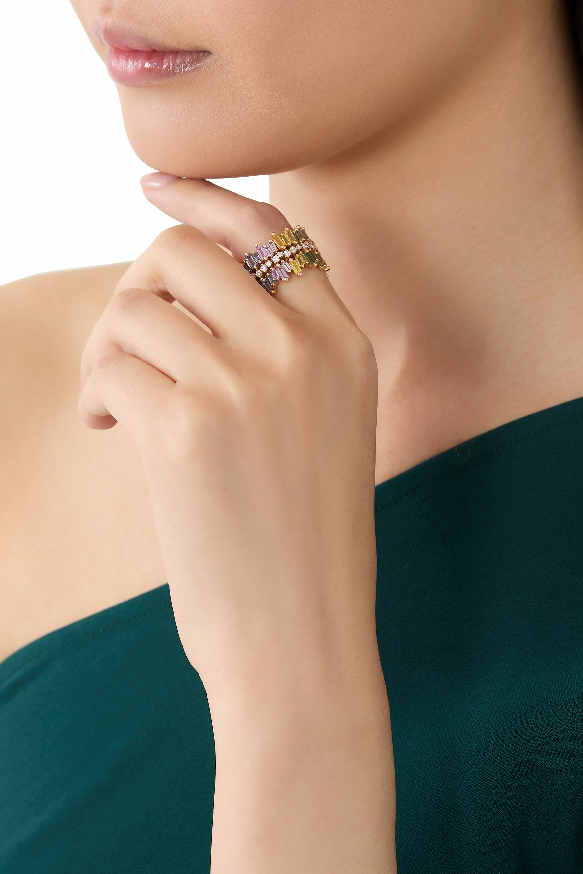 Shimmer Alaia Rainbow Eternity Band Ring, 18k Rose Gold & Sapphire, Diamonds