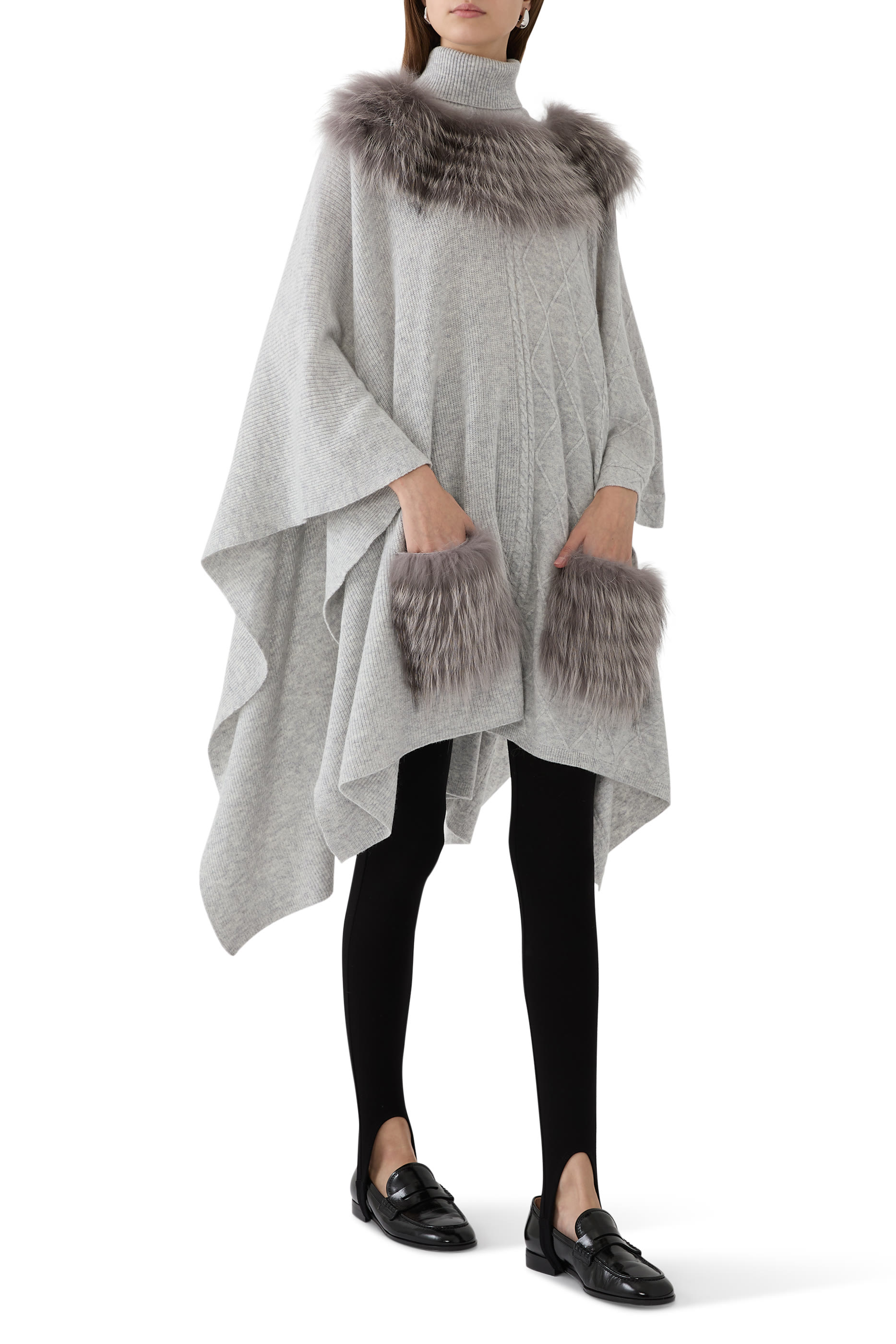 Cable Knit Fur Trim Poncho