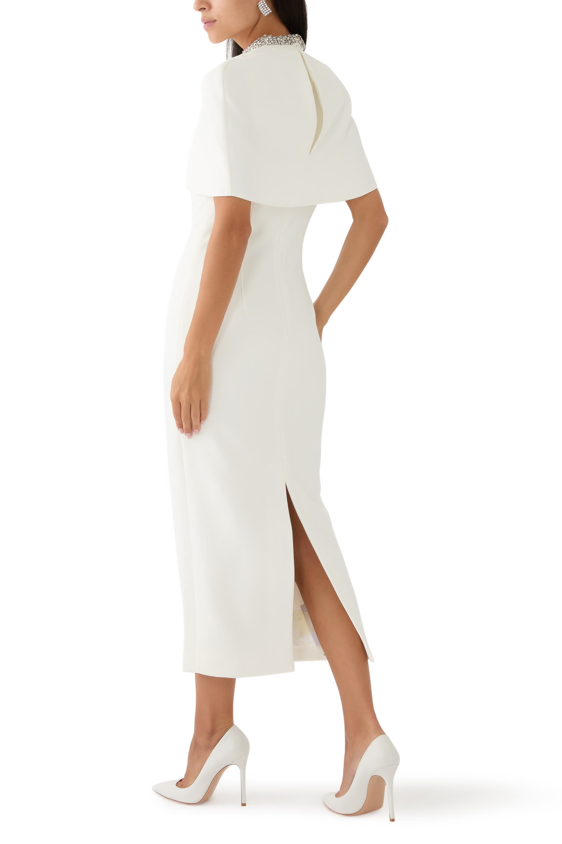 Cape Embellished Crepe Midi Dress