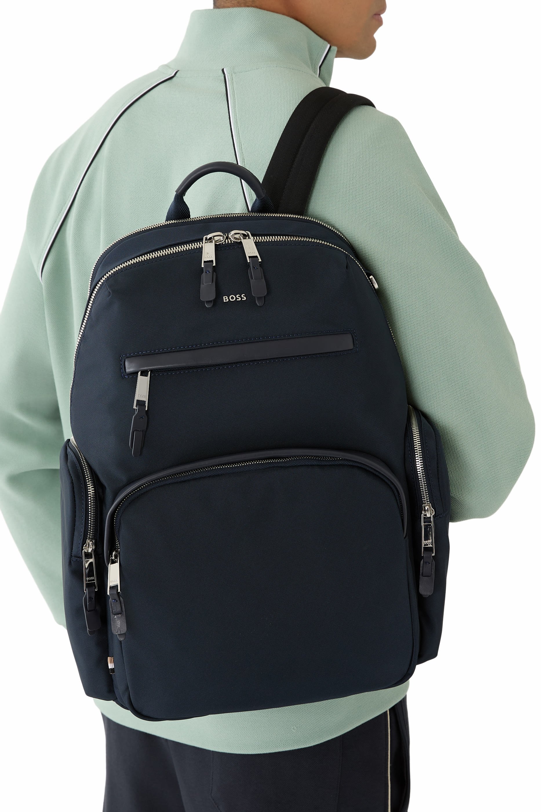 Silver-Tone Logo Lettering Leather-Trim Backpack