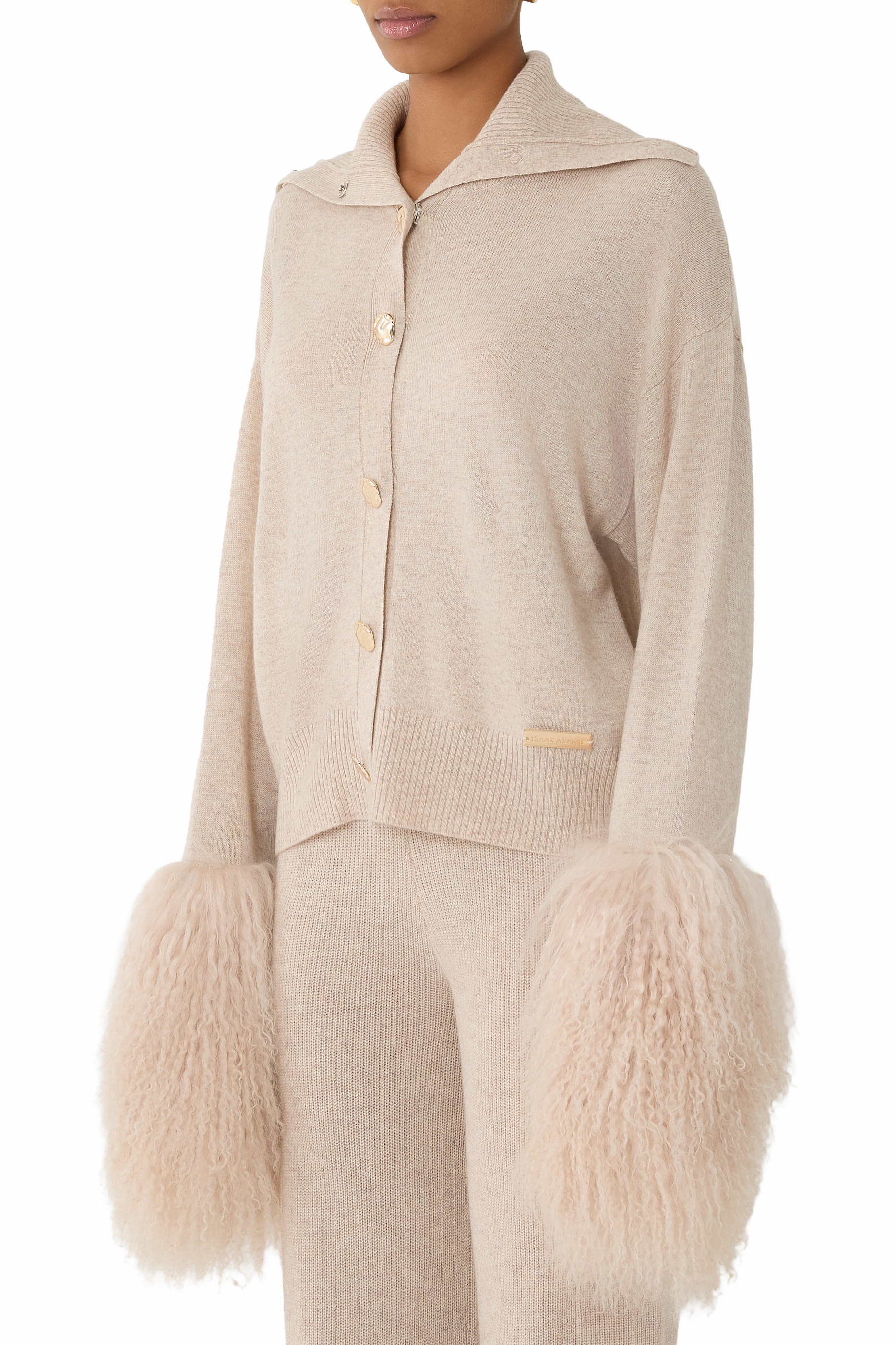 High-Neck Shearling-Cuff Cardigan