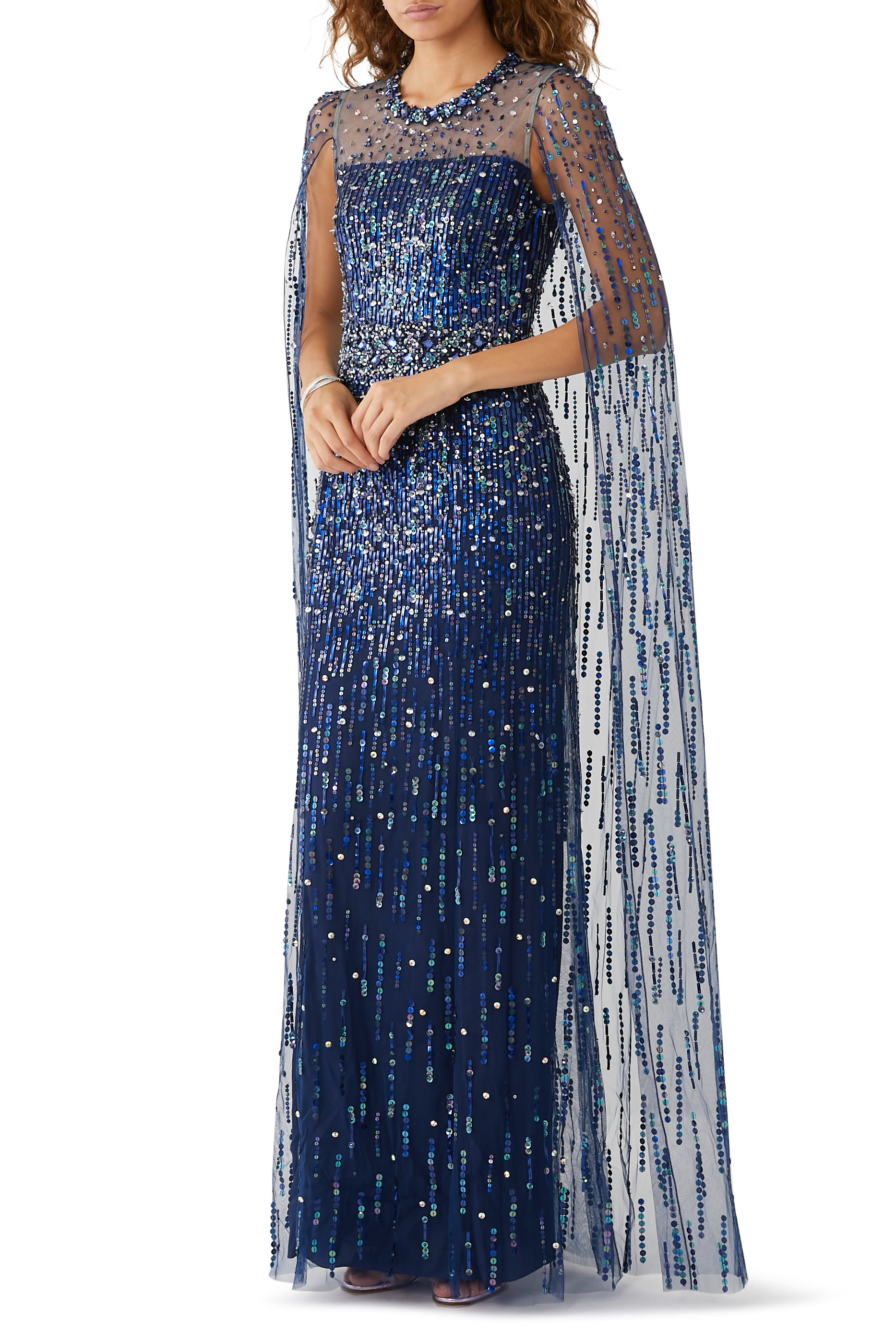 Sequin-Embellished Lux Cape Gown