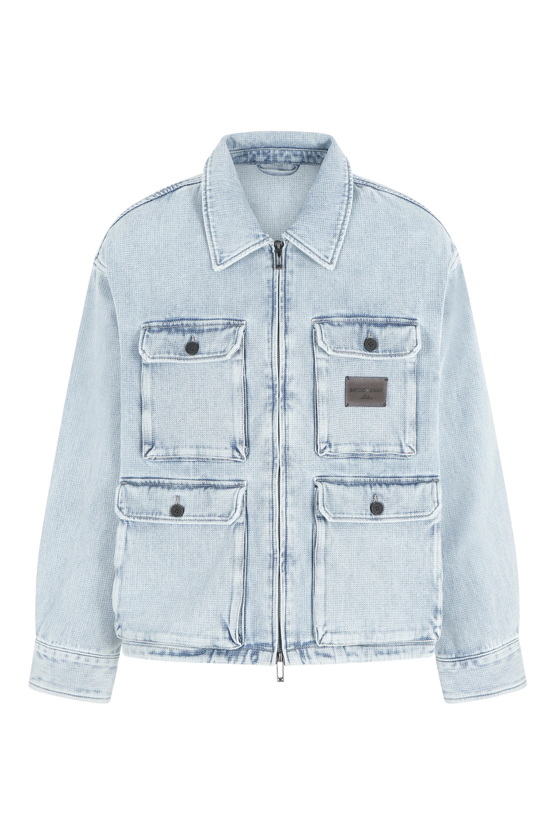 Multi-Pocket Denim-Effect Dobby Fabric Blouson