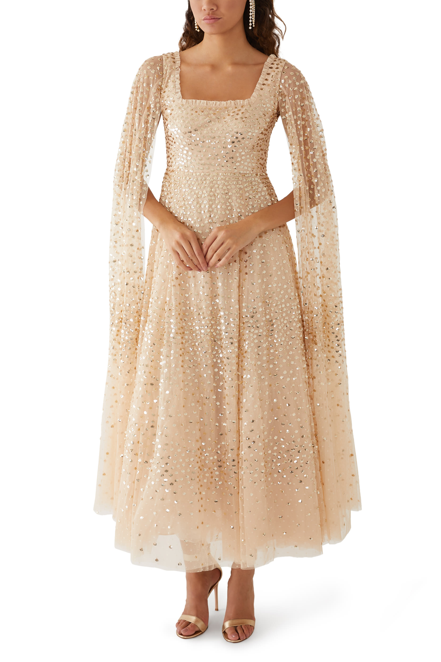 Scatter Dot Cape Sleeve Ankle Gown