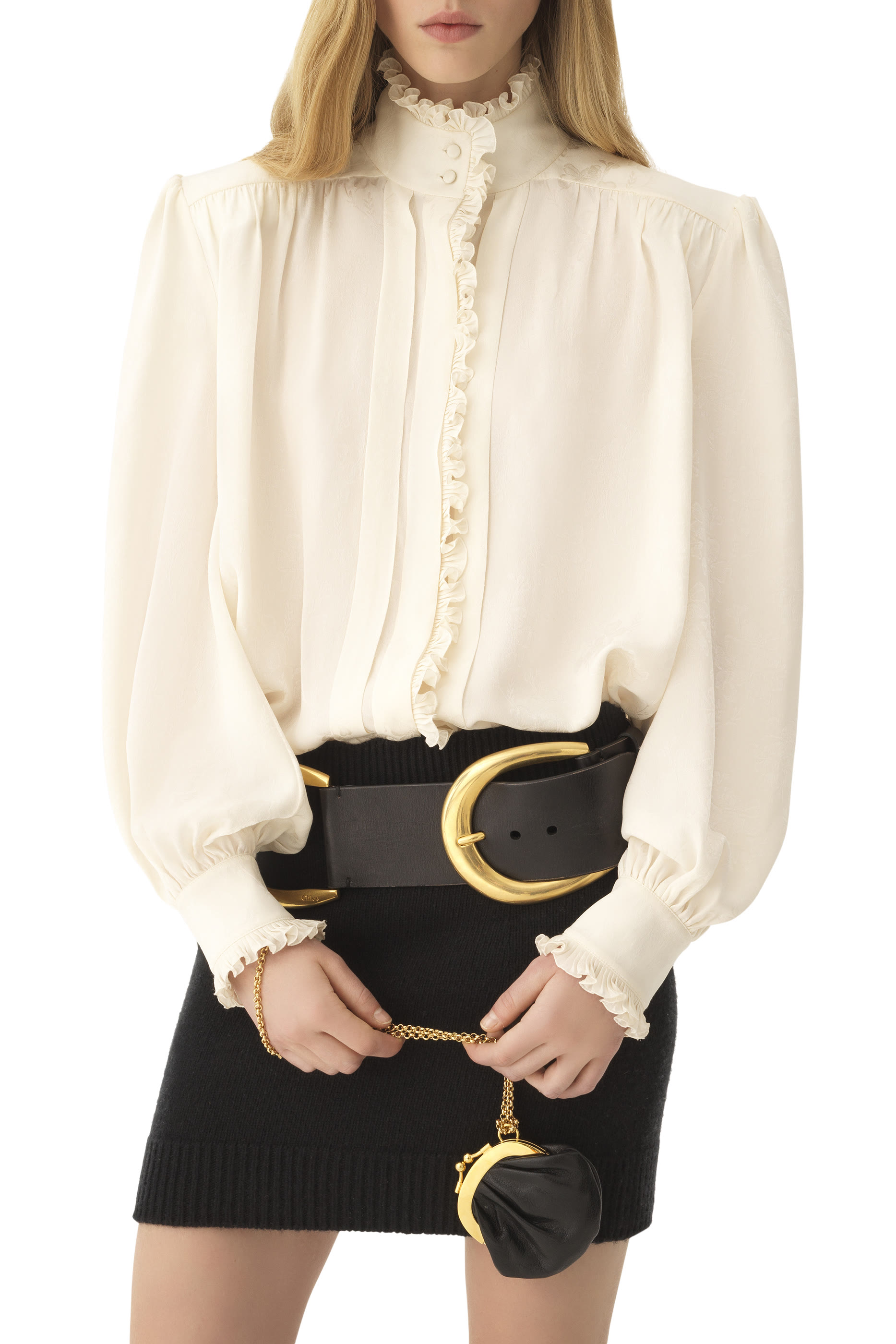 Oversized Ruffled Blouse in Silk Jacquard