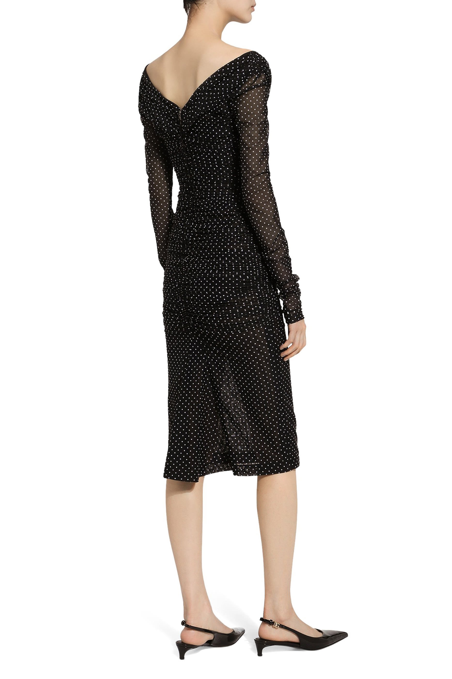 Tulle Calf-Length Dress with Draping and Polka-Dot Print