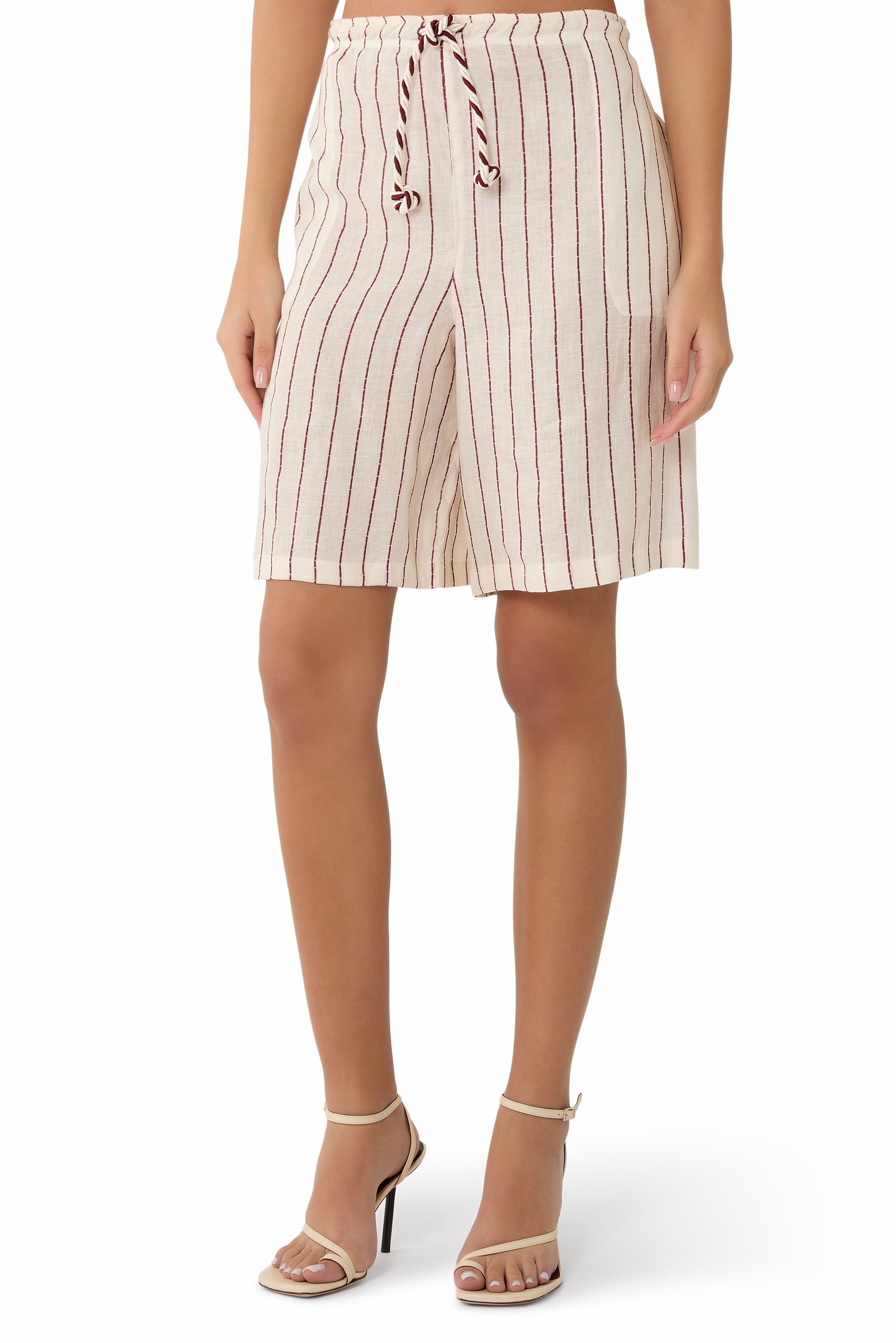 Resort Capsule Collection Pinstripe Linen Drawstring Bermuda Shorts 