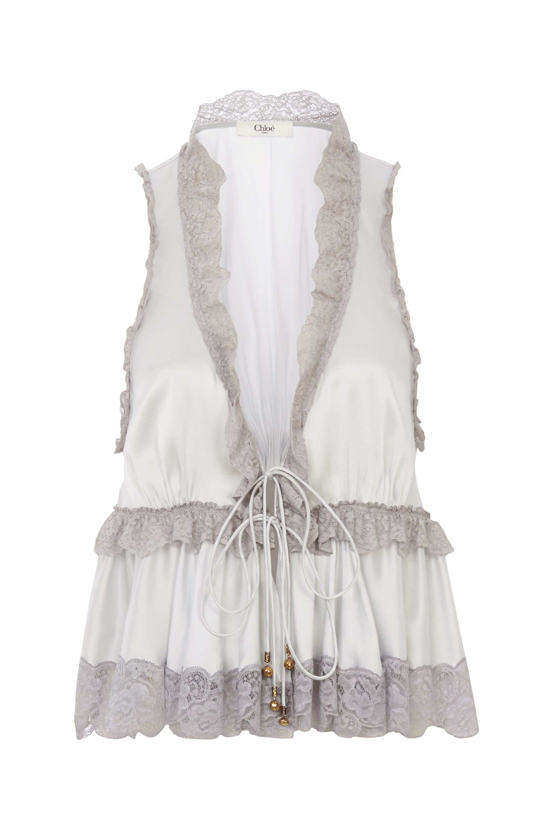  Tie-Front Sleeveless Top in Washed Silk Satin & Lace