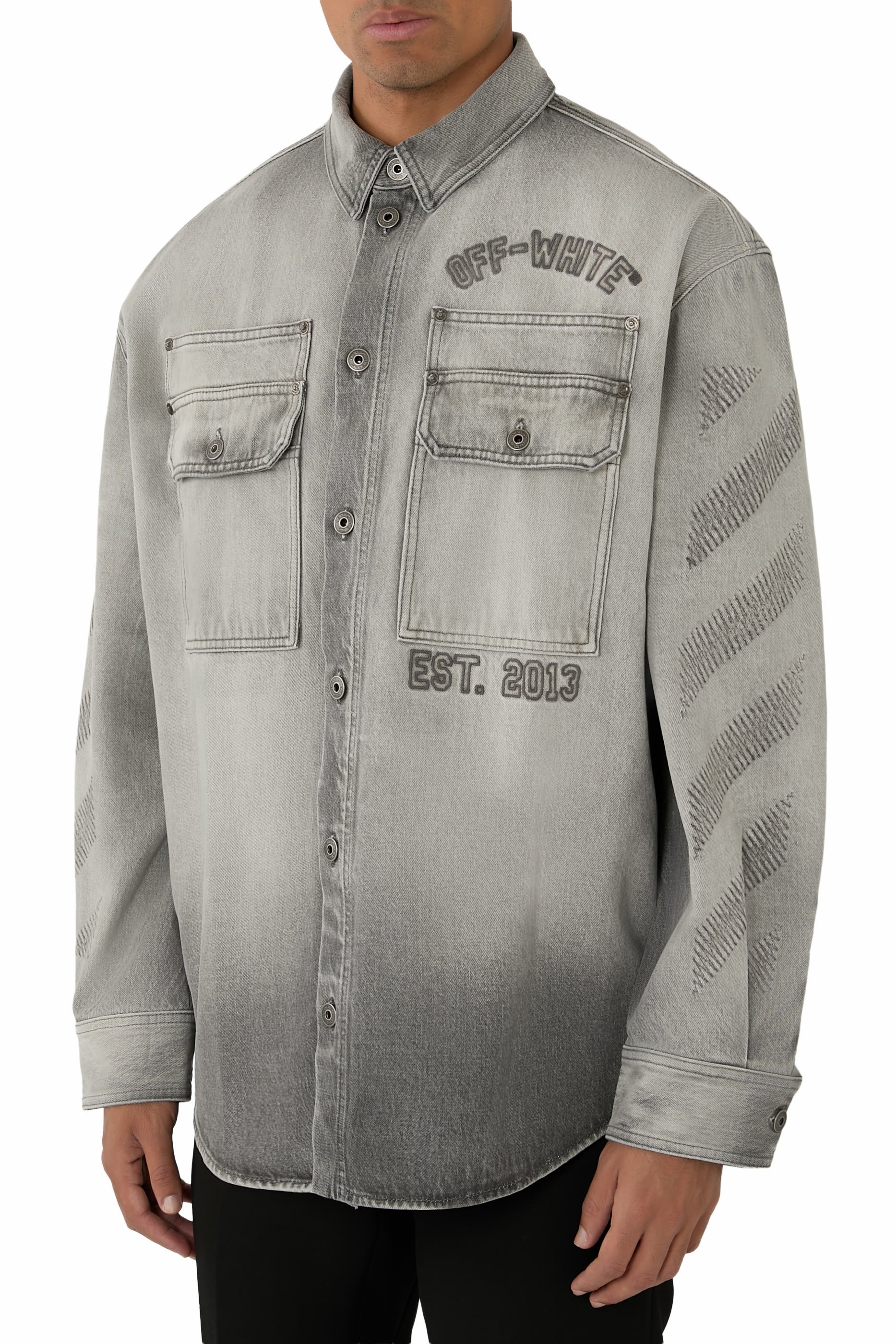 Diagonal Embroidered Denim Military Overshirt