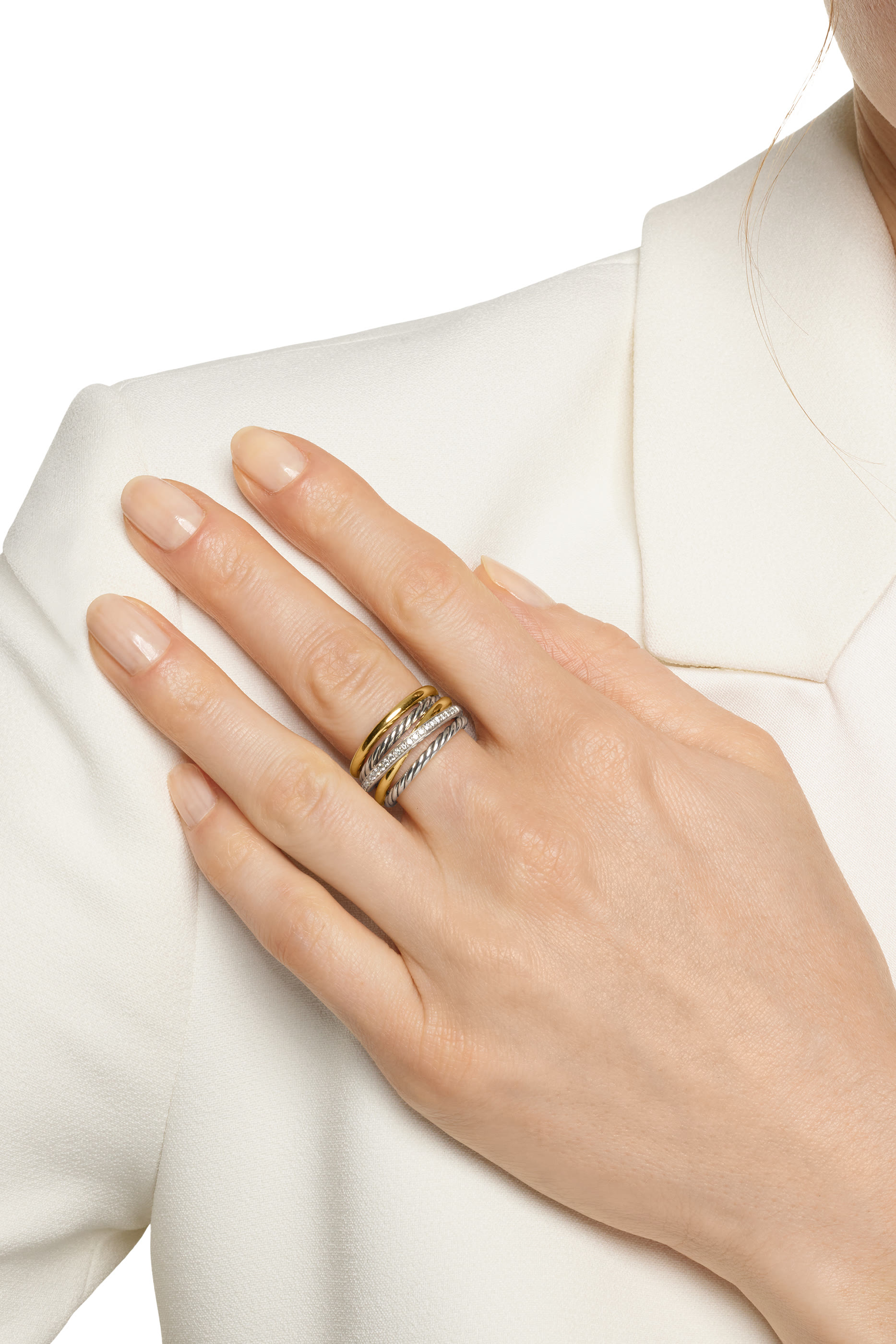 Crossover Five Row Ring, 18k Yellow Gold with Sterling Silver & Diamonds