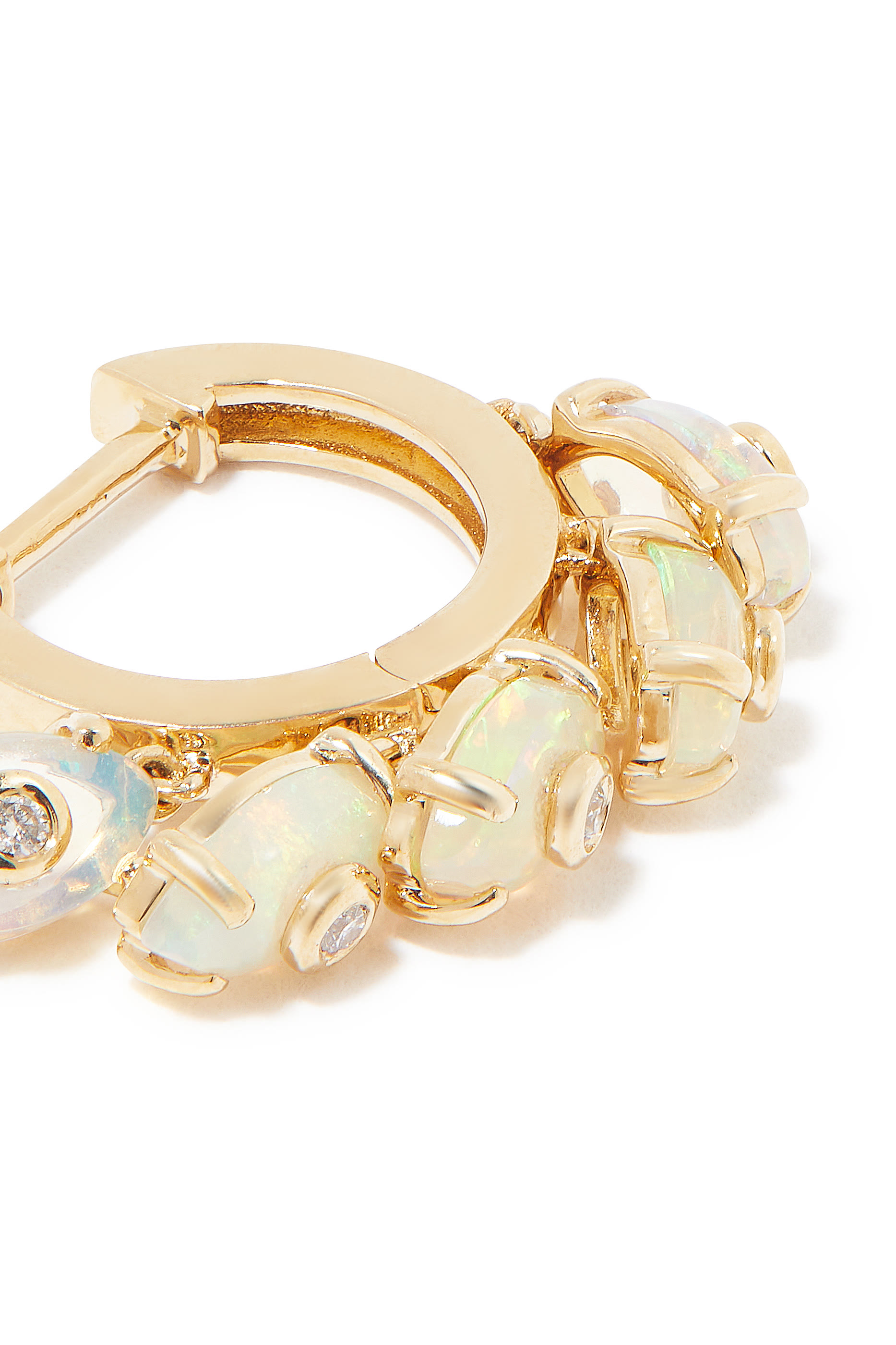 Tiny Carved Stone Fringe Huggie, 14k Yellow Gold, & Diamonds & Opal