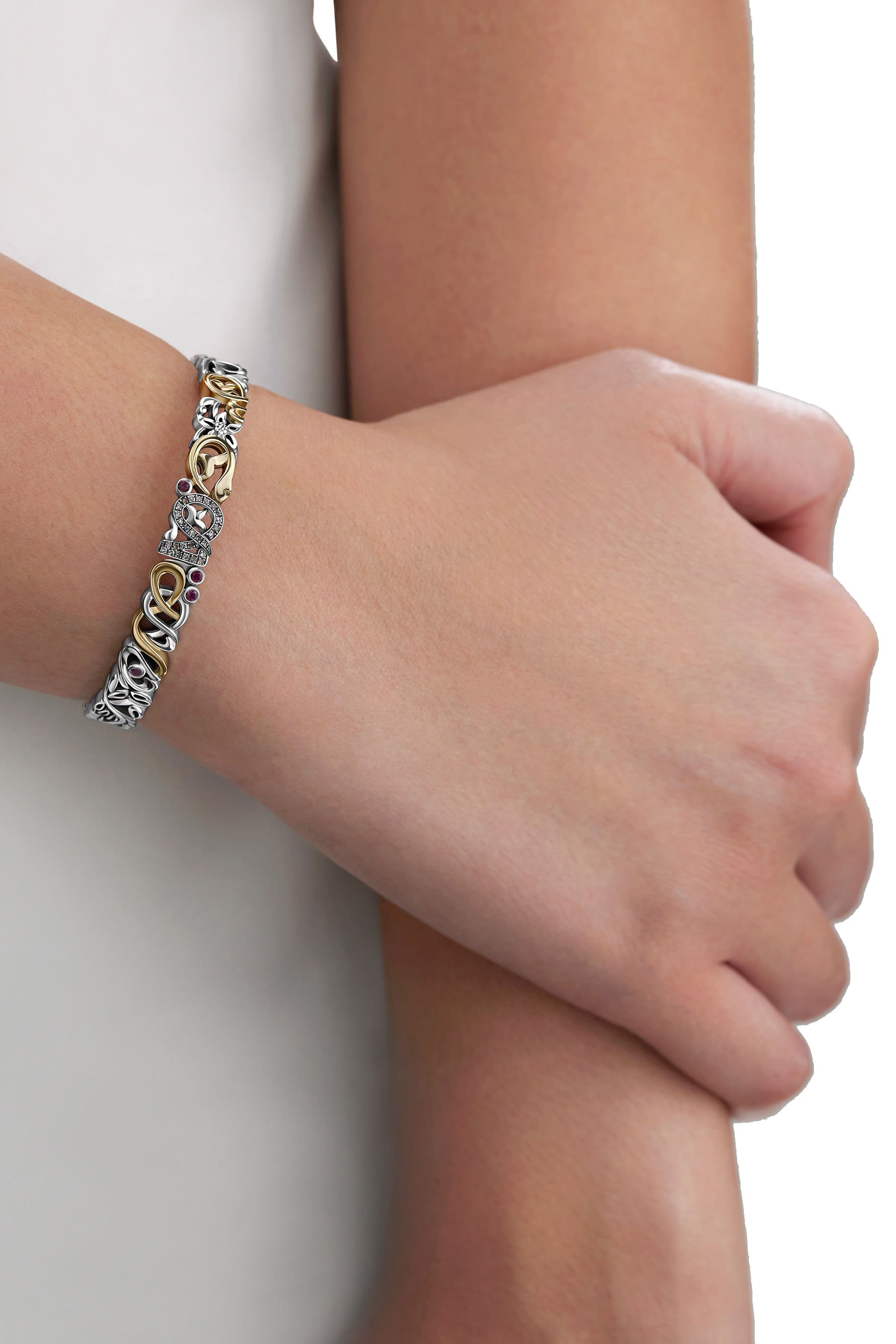 Tales Of Calligraphy Bangle, 18k Yellow Gold with Sterling Silver & Diamond