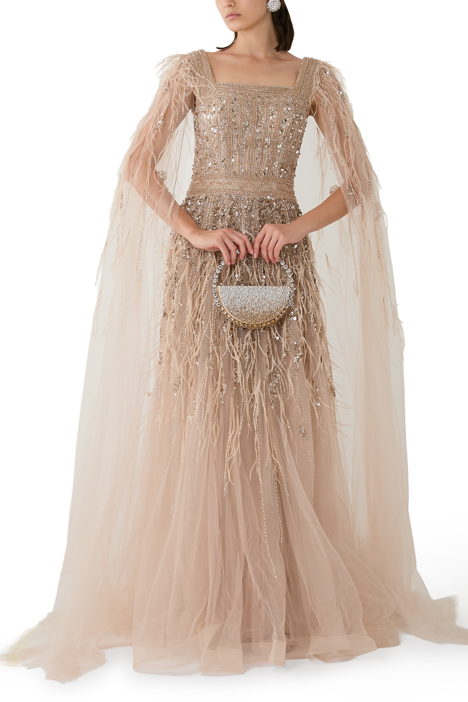 Feathered Cape Sleeves Gown